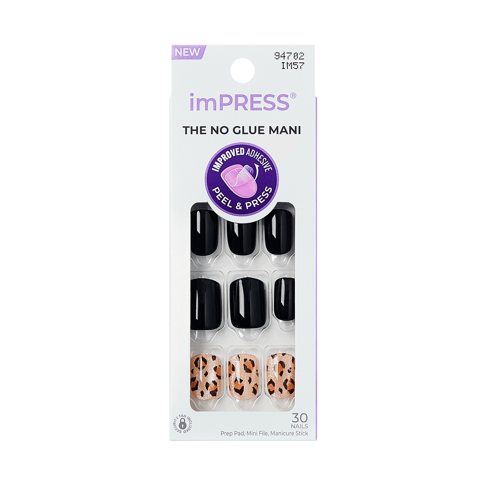 The image features a packaging for imPRESS press-on nails. The design showcases a variety of nail styles, including solid black and a leopard print pattern. The packaging is labeled "NEW" and highlights "THE NO GLUE MANI" with a note about improved adhesive. It contains 30 nails and includes a prep pad, mini file, and manicure stick. The overall aesthetic is modern and appealing, aimed at those looking for easy and stylish nail solutions.