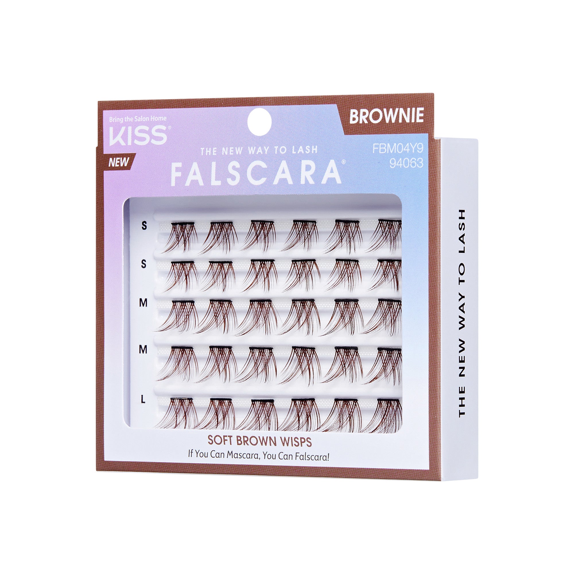 The image shows a product package for "KISS Falscara" eyelashes. The packaging is primarily white with a gradient of purple and blue at the top. The product is labeled as "BROWNIE" and features "Soft Brown Wisps" eyelashes. The package contains multiple rows of eyelashes in different sizes, labeled S, M, and L. The tagline on the package reads, "If You Can Mascara, You Can Falscara!" The product is designed to offer a new way to apply false eyelashes.