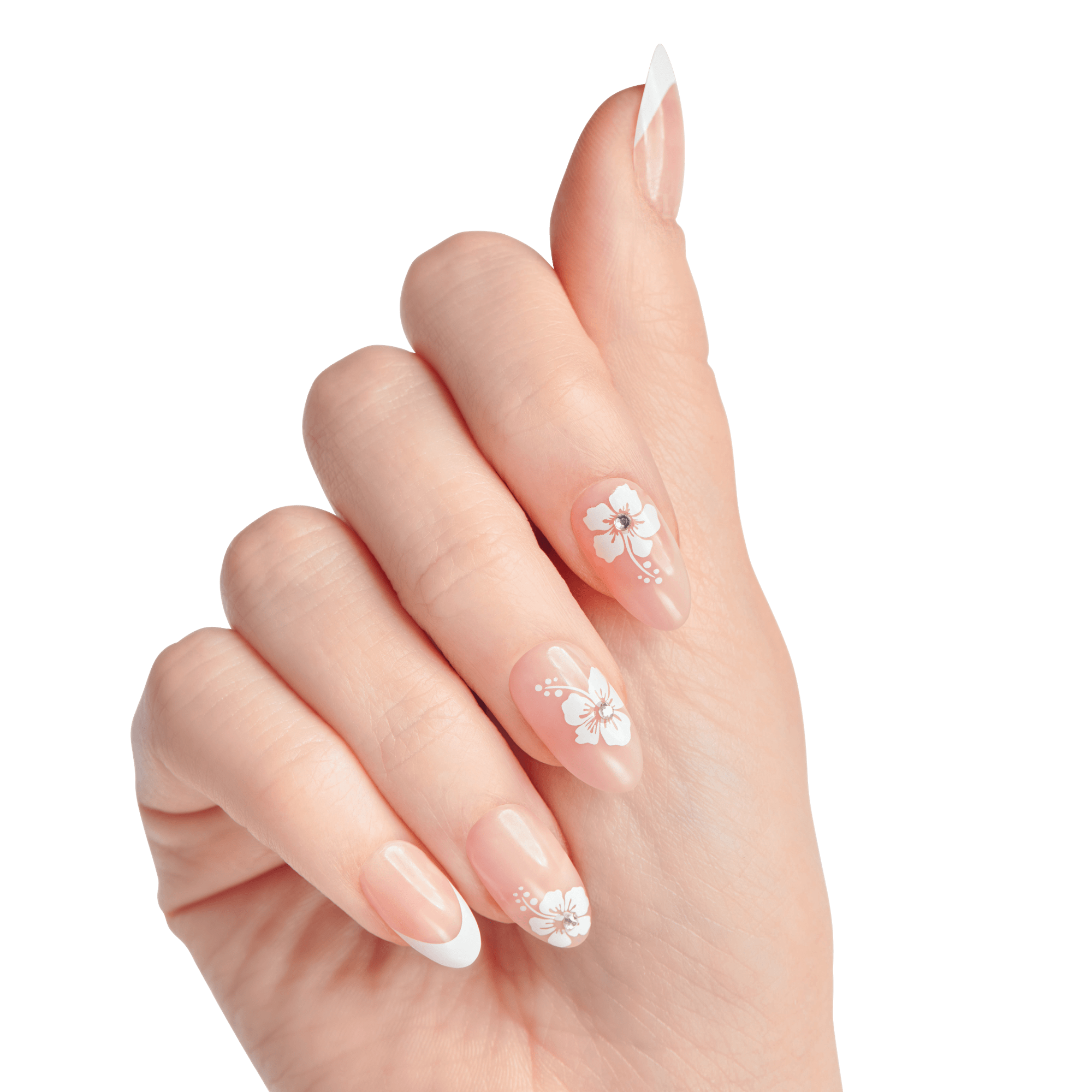 The image features a well-manicured hand displaying elegant nails. The nails are shaped in a stylish almond form and have a soft, nude base color. Each nail is adorned with delicate white floral designs, adding a touch of sophistication. The tips of the nails are painted in a classic French manicure style, enhancing the overall aesthetic. The hand is positioned gracefully against a plain white background, emphasizing the beauty of the nail art.