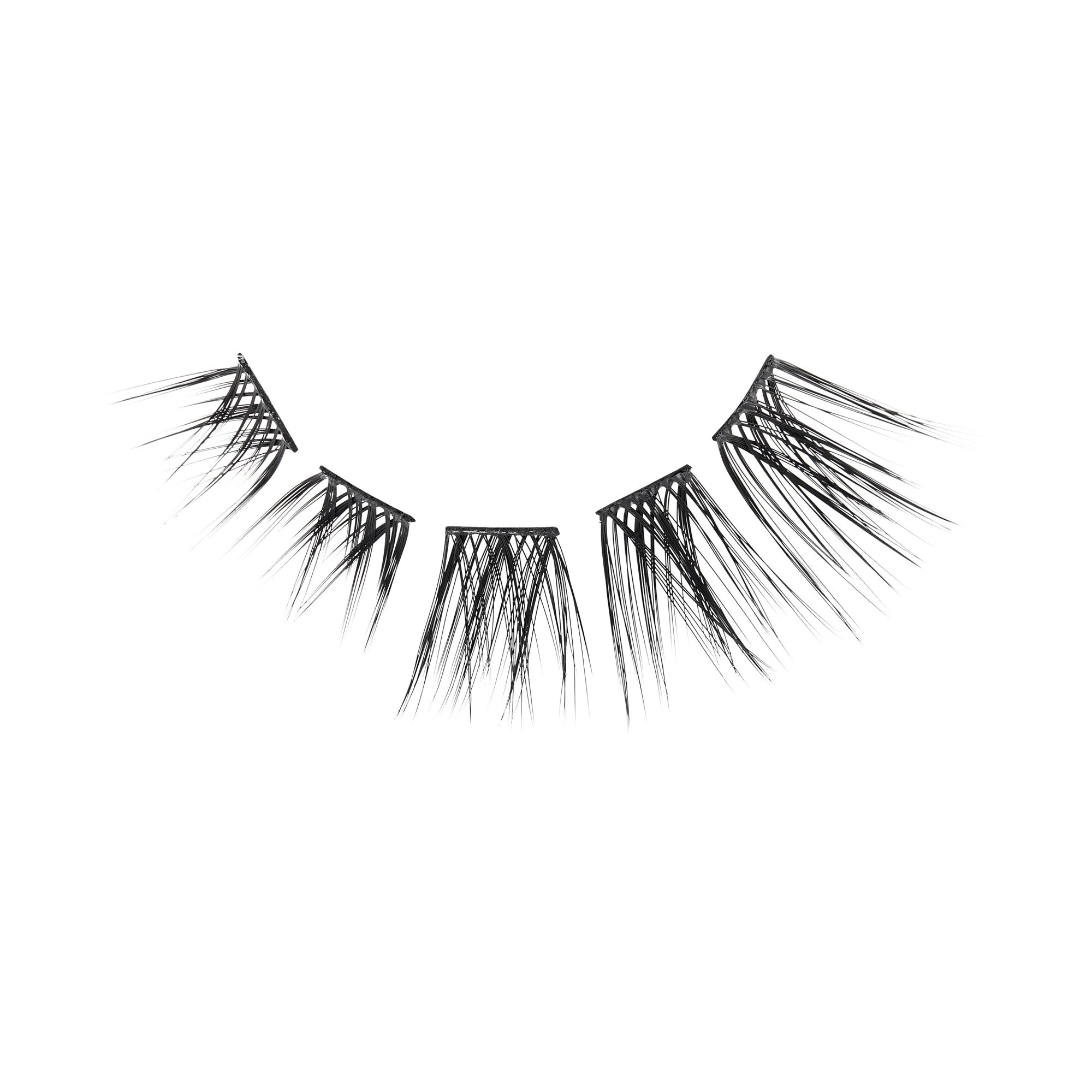 The image features a set of false eyelashes arranged in a curved shape. The lashes are long and wispy, with varying lengths that create a dramatic effect. They are black in color and are displayed against a plain white background, emphasizing their texture and design. The lashes are separated into sections, showcasing their individual strands that taper to a fine point, giving them a natural yet glamorous appearance.