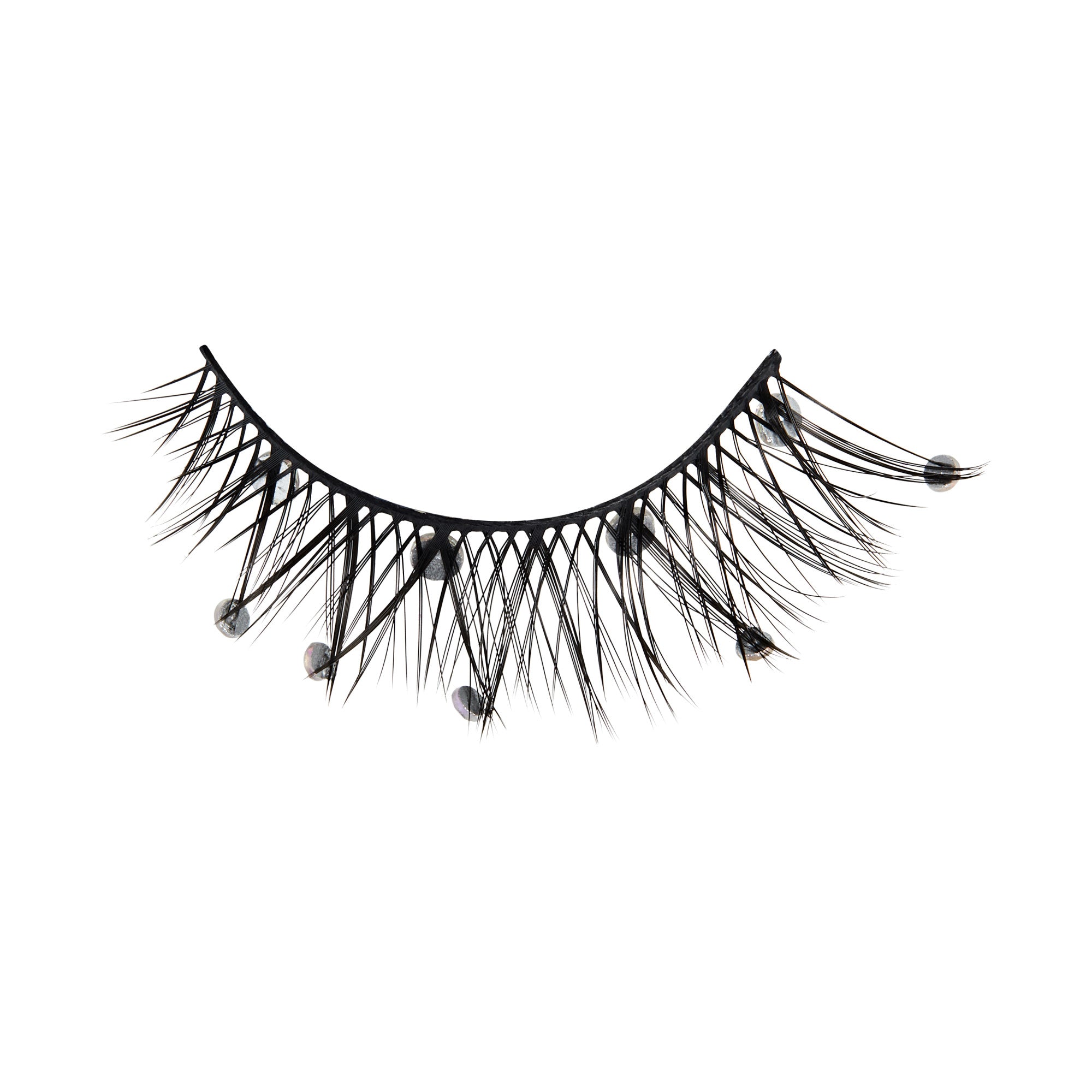 The image features a pair of false eyelashes. The lashes are long and dramatic, with a black color and a feathery texture. They are adorned with small, shiny embellishments that add a touch of sparkle. The overall shape of the lashes is curved, designed to enhance the eyes and create a bold look. The background is plain white, emphasizing the details of the lashes.