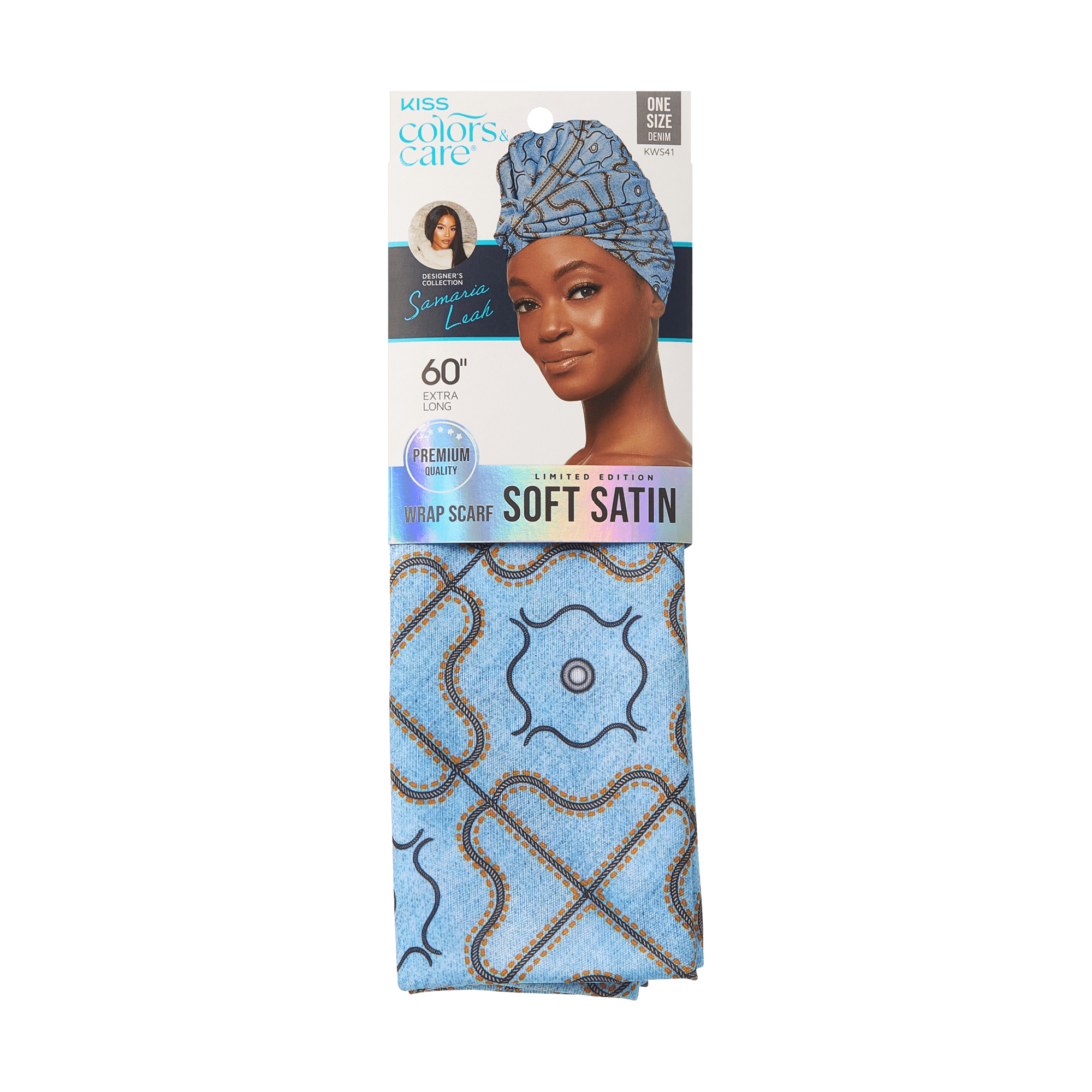 The image features a packaging for a satin wrap scarf from the brand Kiss Colors & Care. The scarf is designed in a light blue color with a decorative pattern that includes geometric shapes in darker shades. The packaging showcases a model wearing the scarf as a head wrap, highlighting its stylish appearance. The product is labeled as a limited edition and is described as being made from premium satin, measuring 60 inches in length. The overall presentation emphasizes both functionality and fashion.