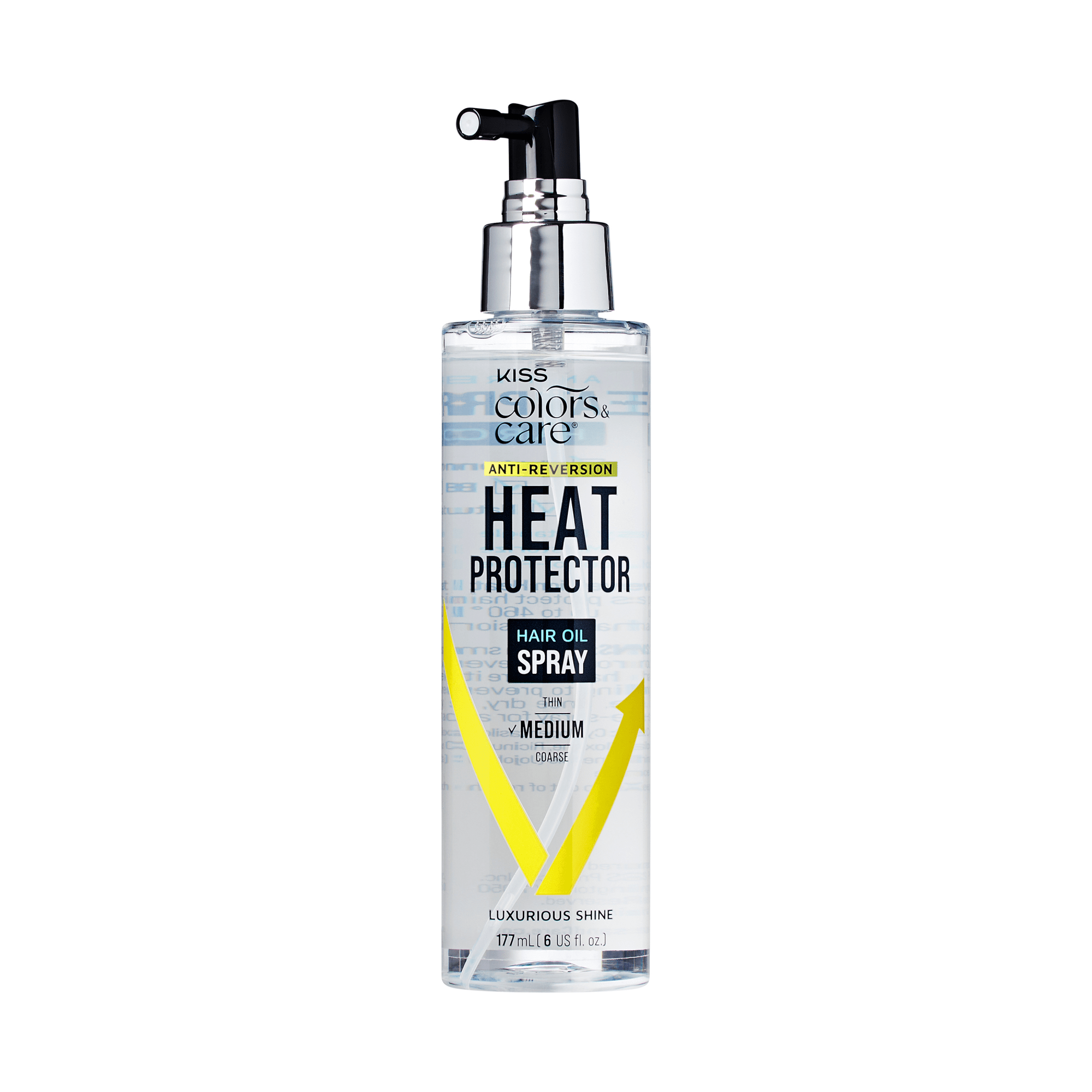 Clear spray bottle of KISS Colors & Care Anti-Reversion Heat Protector Hair Oil Spray with black pump, yellow arrows, and text highlighting medium hold and luxurious shine.