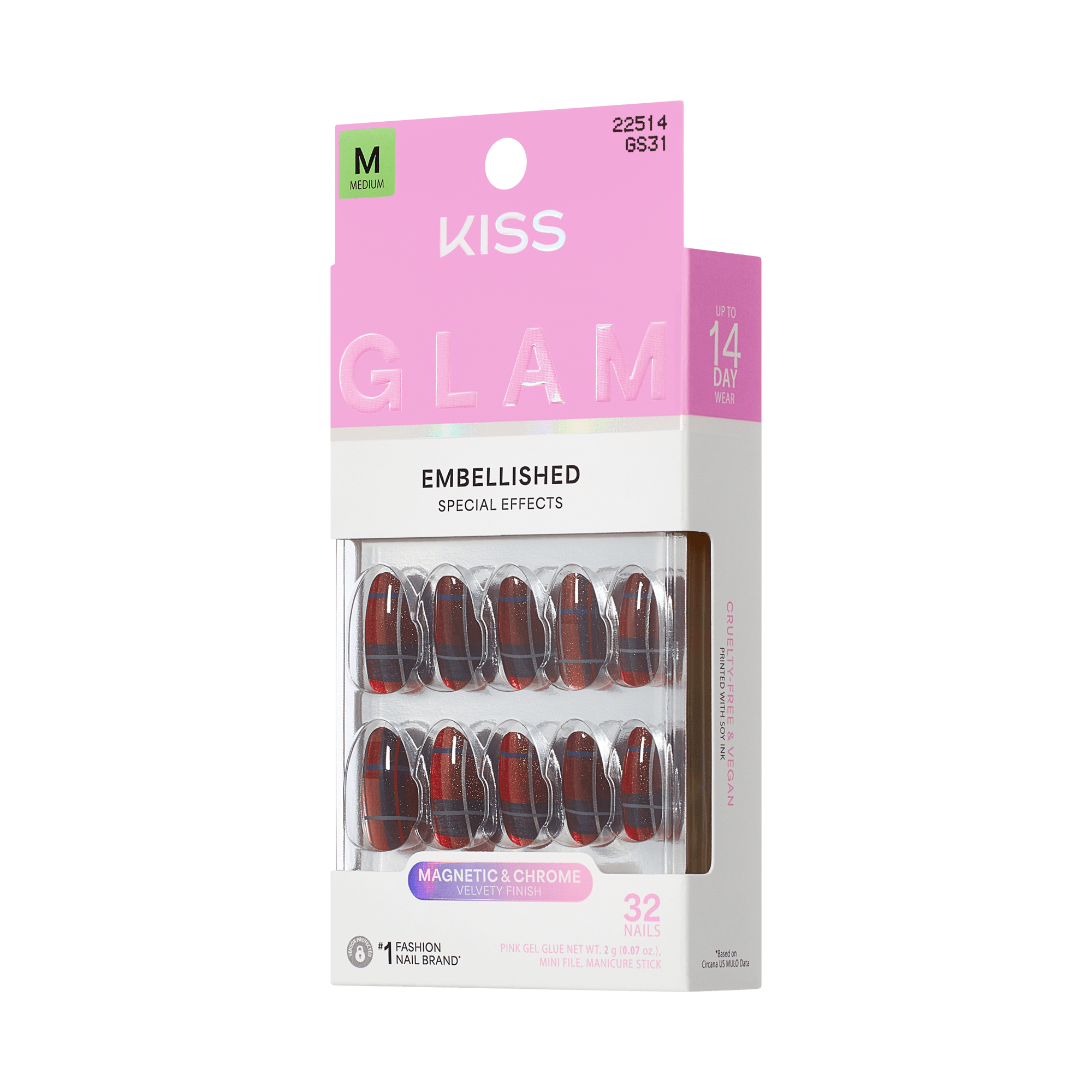 Kiss Glam Embellished Press On Fake Glue Nails - Mirror | 3D & Jewel Design, Red, Medium, Almond