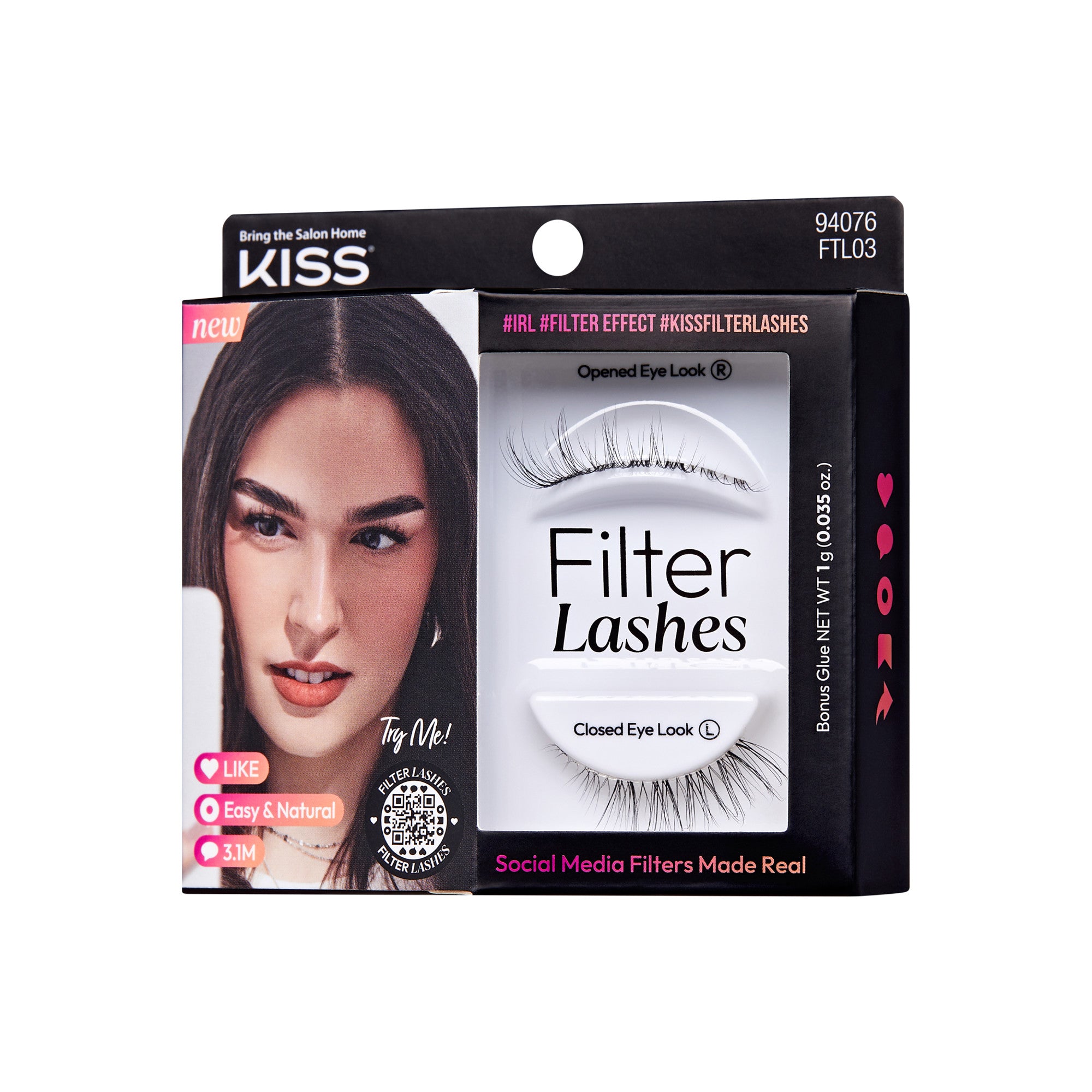The image features a product packaging for "Filter Lashes" by KISS. The packaging showcases two sets of false eyelashes, labeled "Opened Eye Look" and "Closed Eye Look." The design includes a close-up of a model&