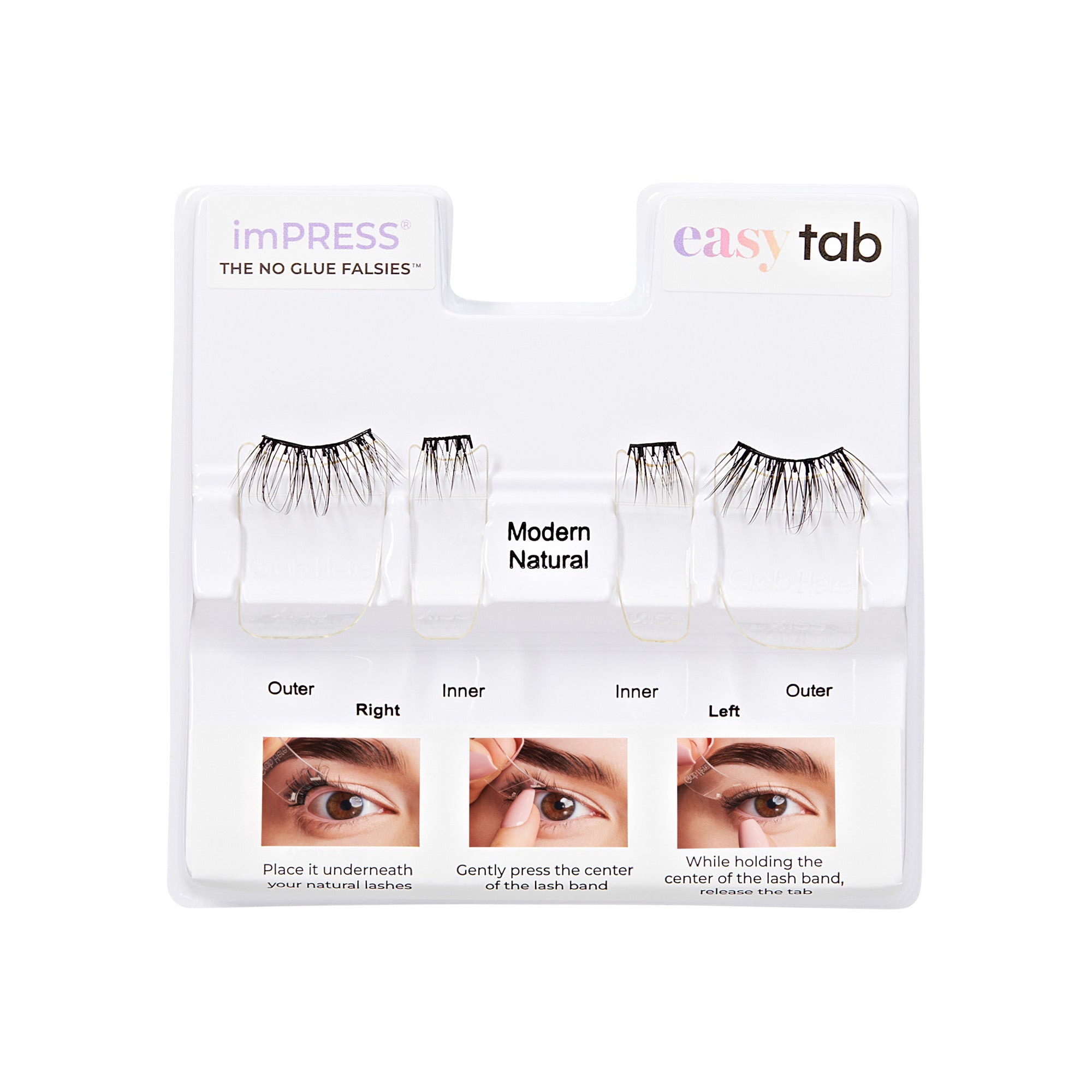 imPRESS easy tab false lashes in Modern Natural with application instructions.