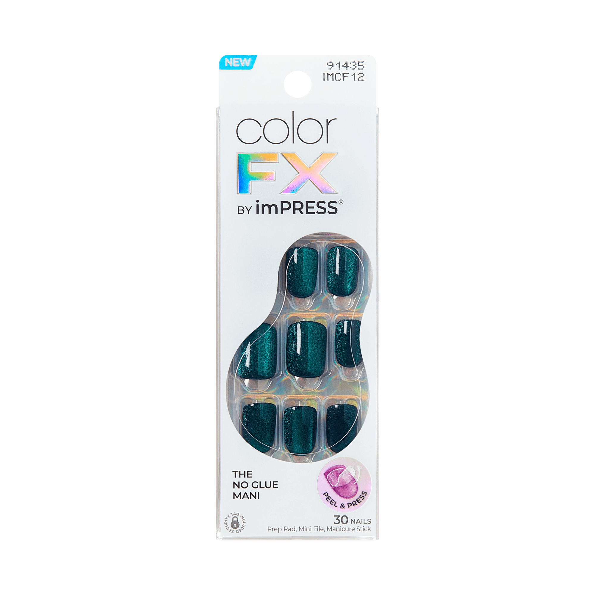 colorFX by imPRESS press-on nails in a deep metallic teal shade, packaging highlights \