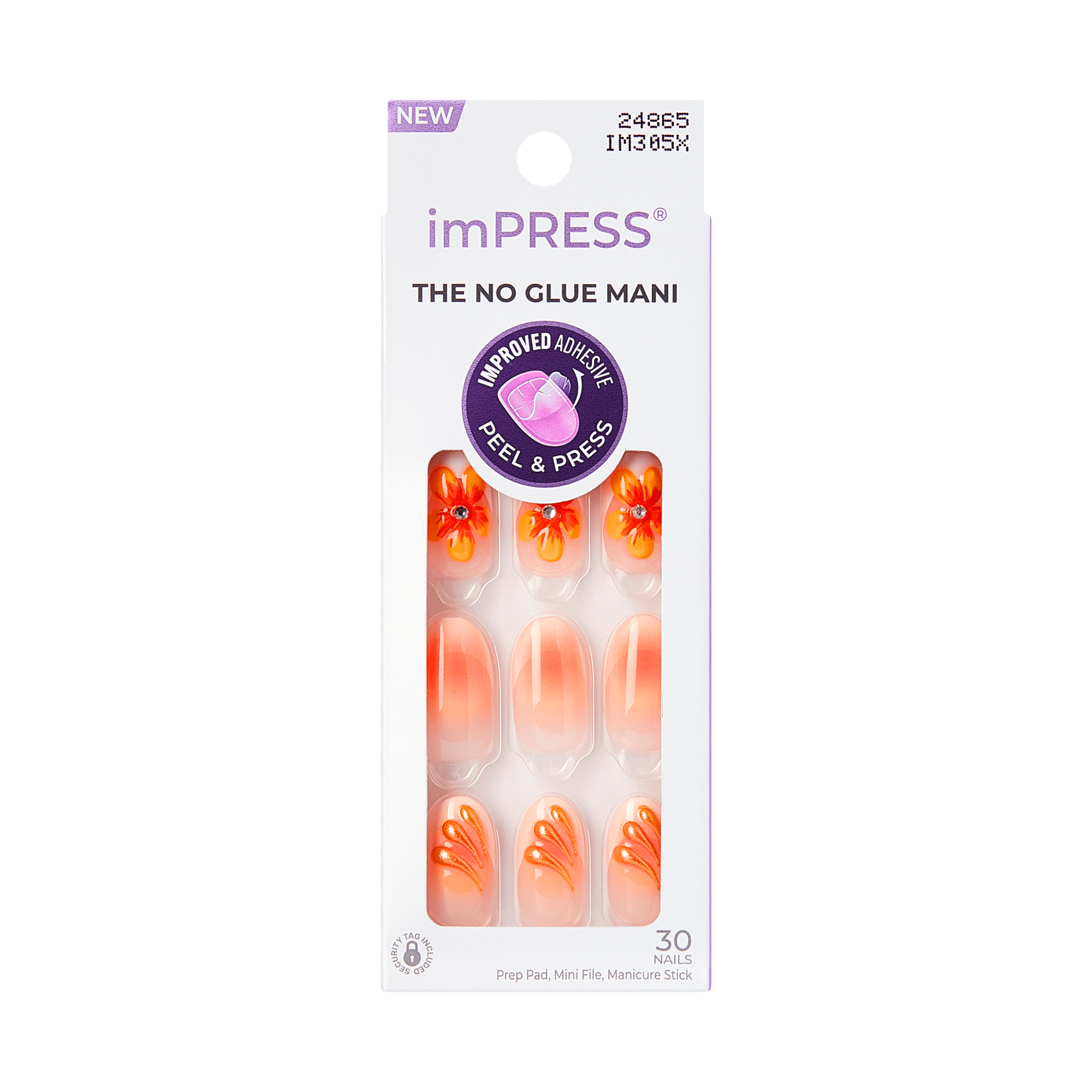 imPRESS The No Glue Mani press-on nails packaging, 30 nails, featuring orange floral designs with rhinestones, Peel & Press improved adhesive technology