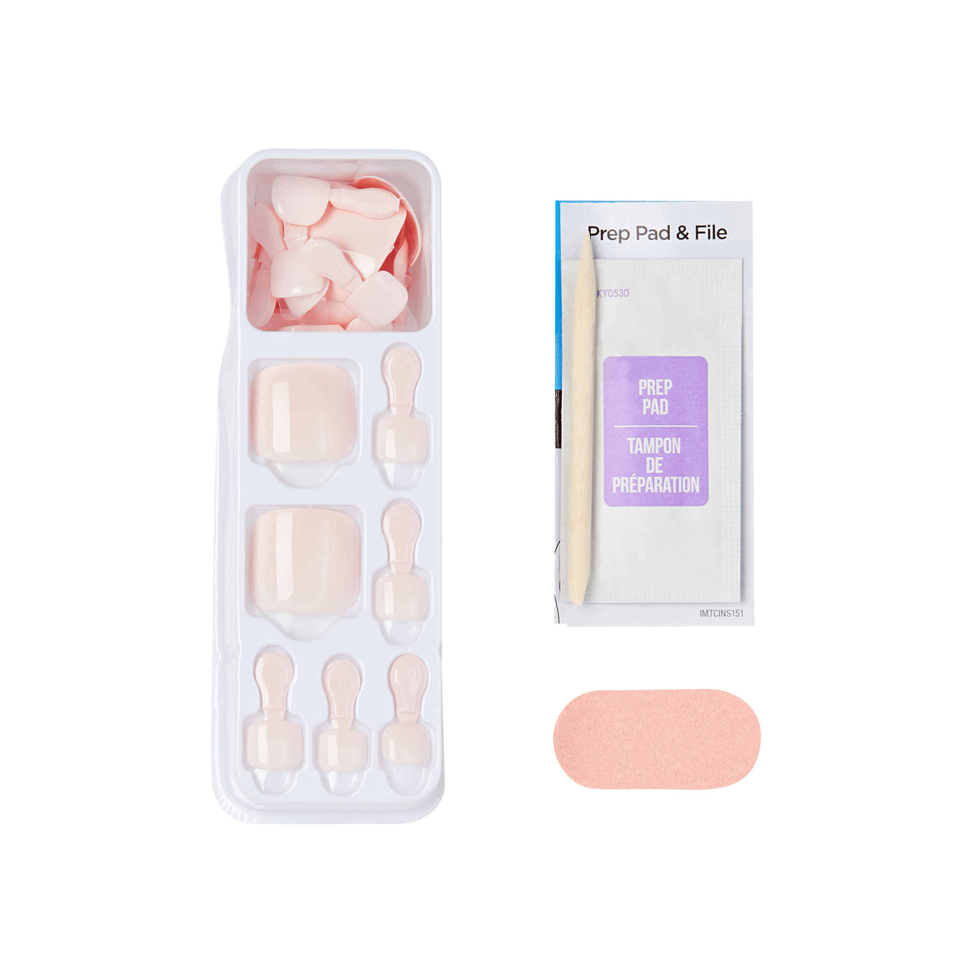 Set of press on nail tools including a tray with nail shapes, a prep pad and file, and a pink nail file on a transparent background.