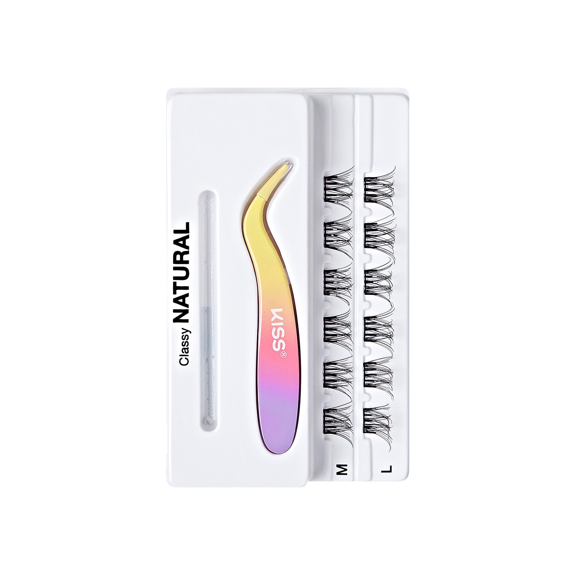 The image shows a product packaging for false eyelashes. The packaging is predominantly white and features three sets of false eyelashes labeled "S," "M," and "L," indicating different sizes. Alongside the eyelashes, there is a metallic, iridescent applicator tool with a gradient of colors ranging from gold to purple. The word "KISS" is printed on the applicator. The packaging also has the words "Classy NATURAL" printed vertically on the left side.