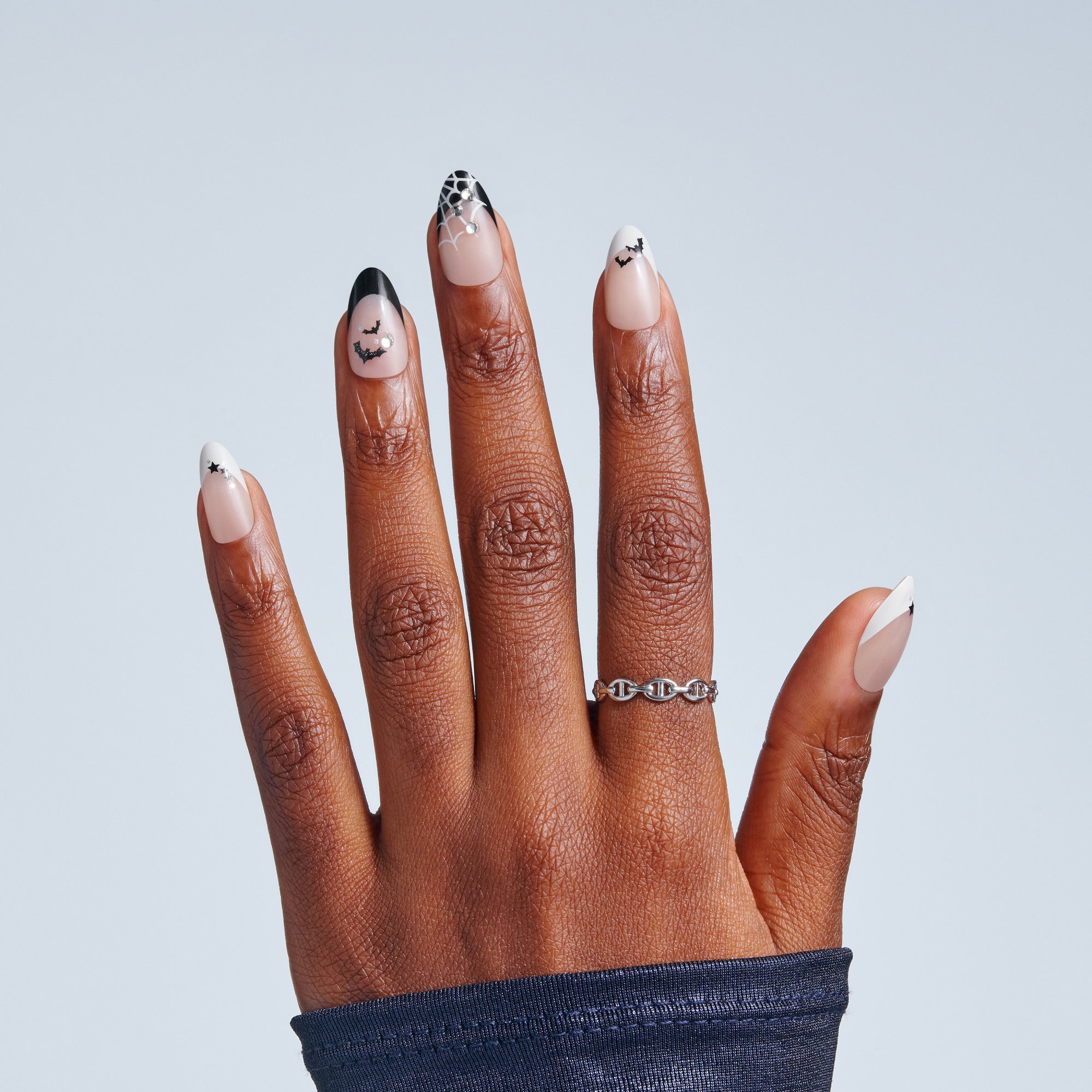 Kiss Haunt Halloween Press On Fake Glue Nails - HalloQueen | French Design, Black & White, Medium, Almond, Glow In The Dark