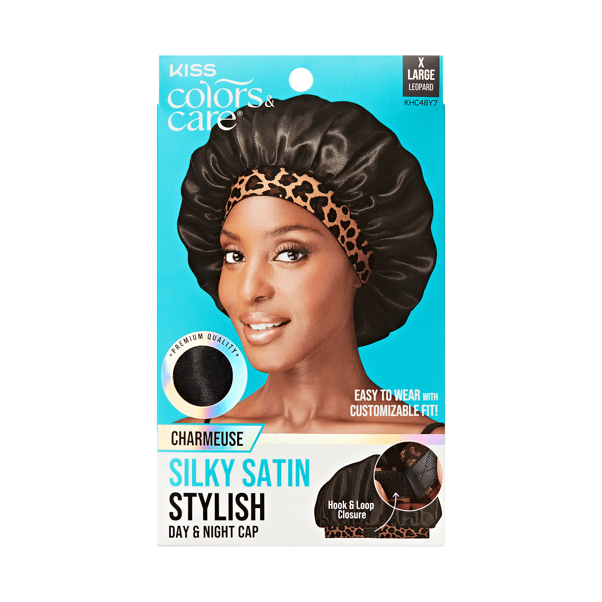 KISS Colors & Care Silky Satin Stylish Day & Night Cap, Large Leopard, Black