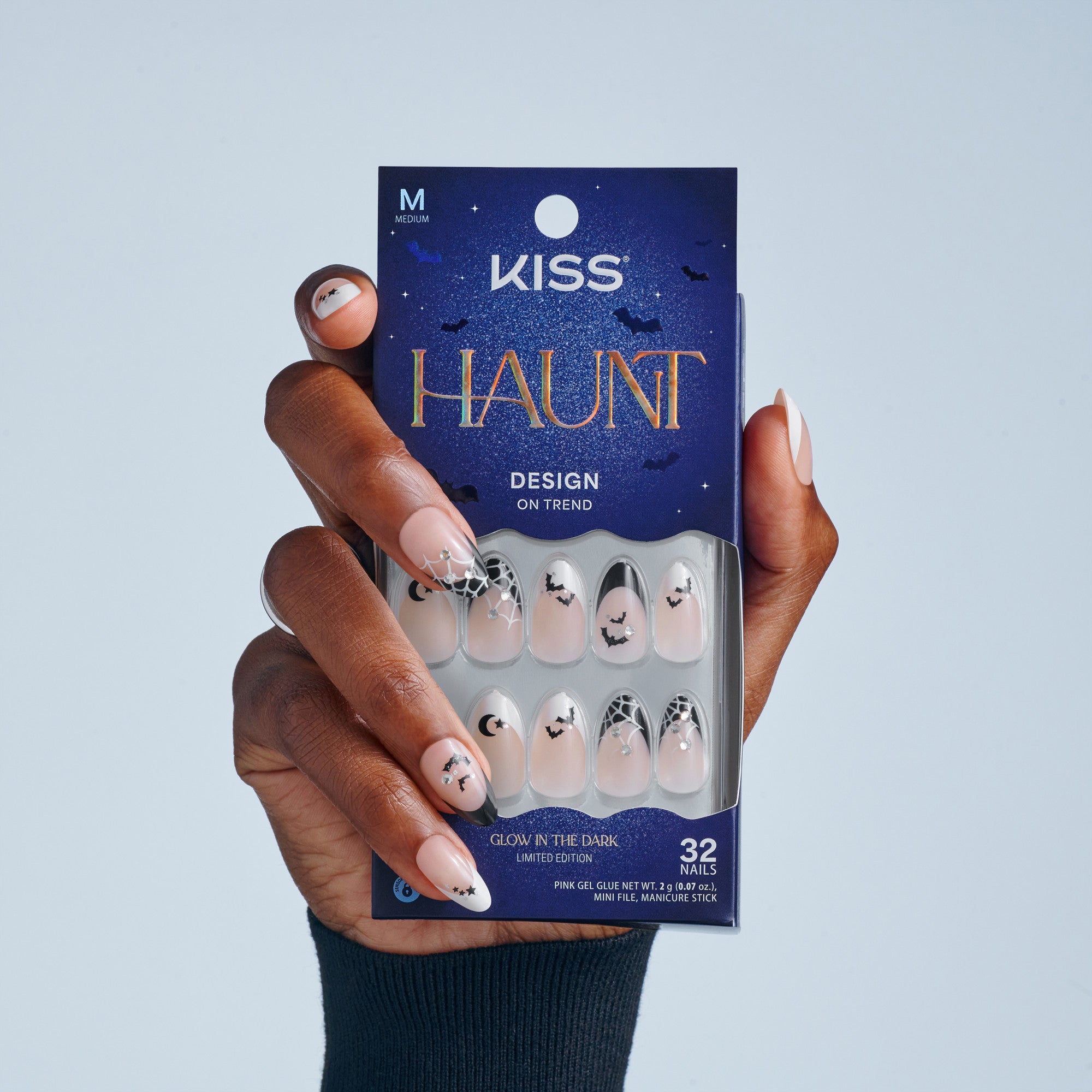 Kiss Haunt Halloween Press On Fake Glue Nails - HalloQueen | French Design, Black & White, Medium, Almond, Glow In The Dark