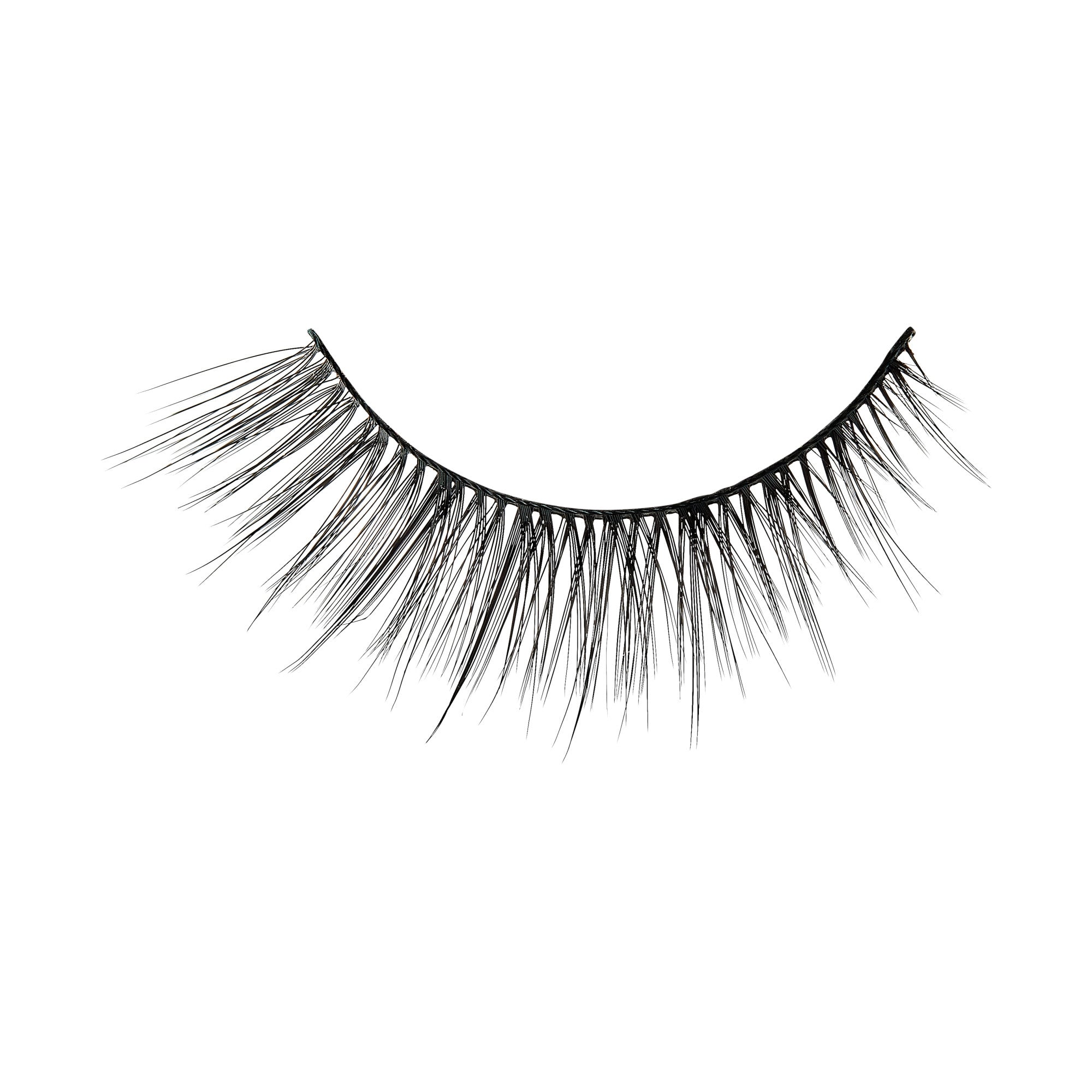 Black false eyelashes with full, dramatic lashes on curved strip band.