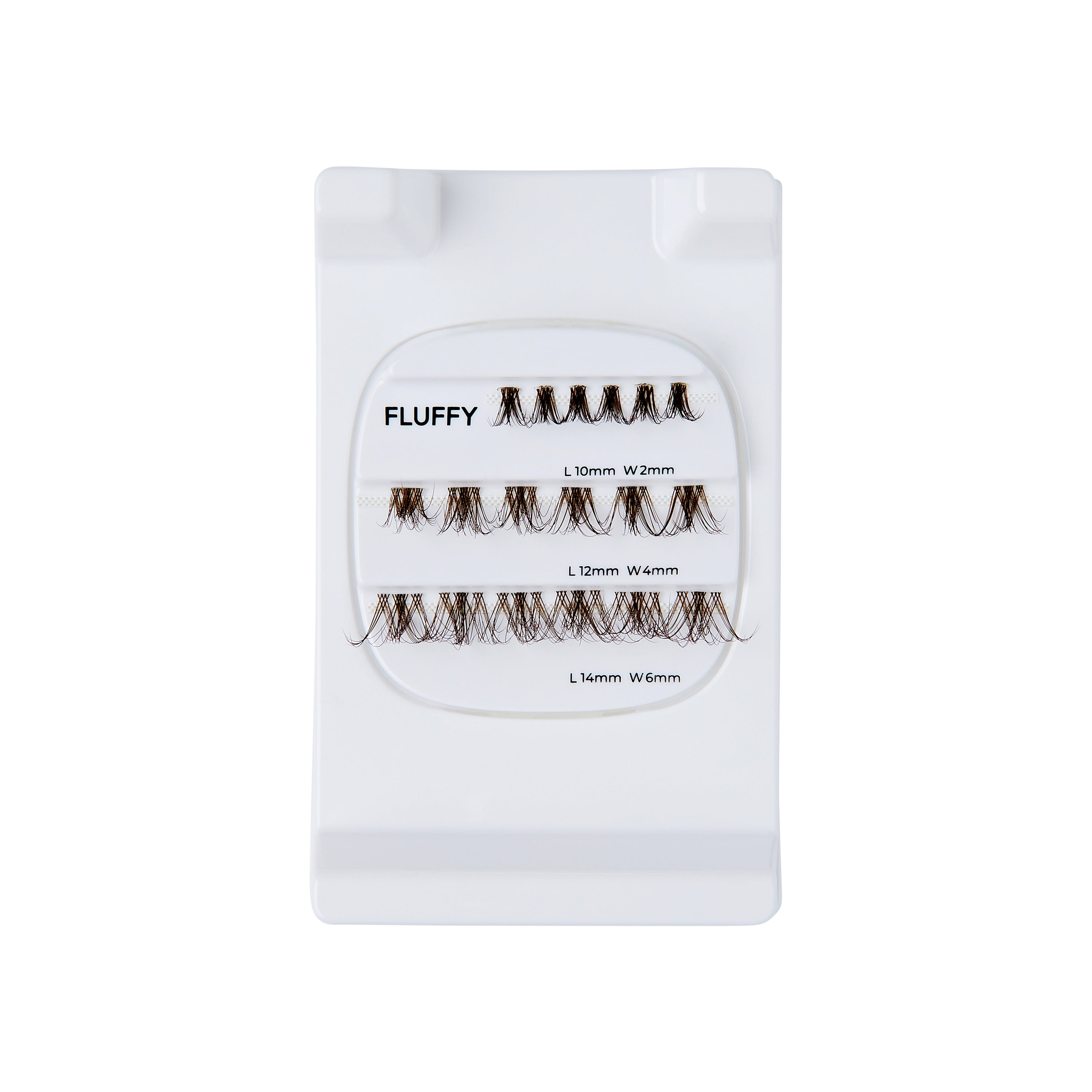 The image features a display of false eyelashes arranged on a white tray. The lashes are labeled "FLUFFY" and are categorized by length and width. There are four rows of lashes, each with different measurements: lengths of 10mm, 12mm, and 14mm, paired with widths of 2mm and 6mm. The lashes appear soft and voluminous, designed to enhance the natural look of eyelashes.