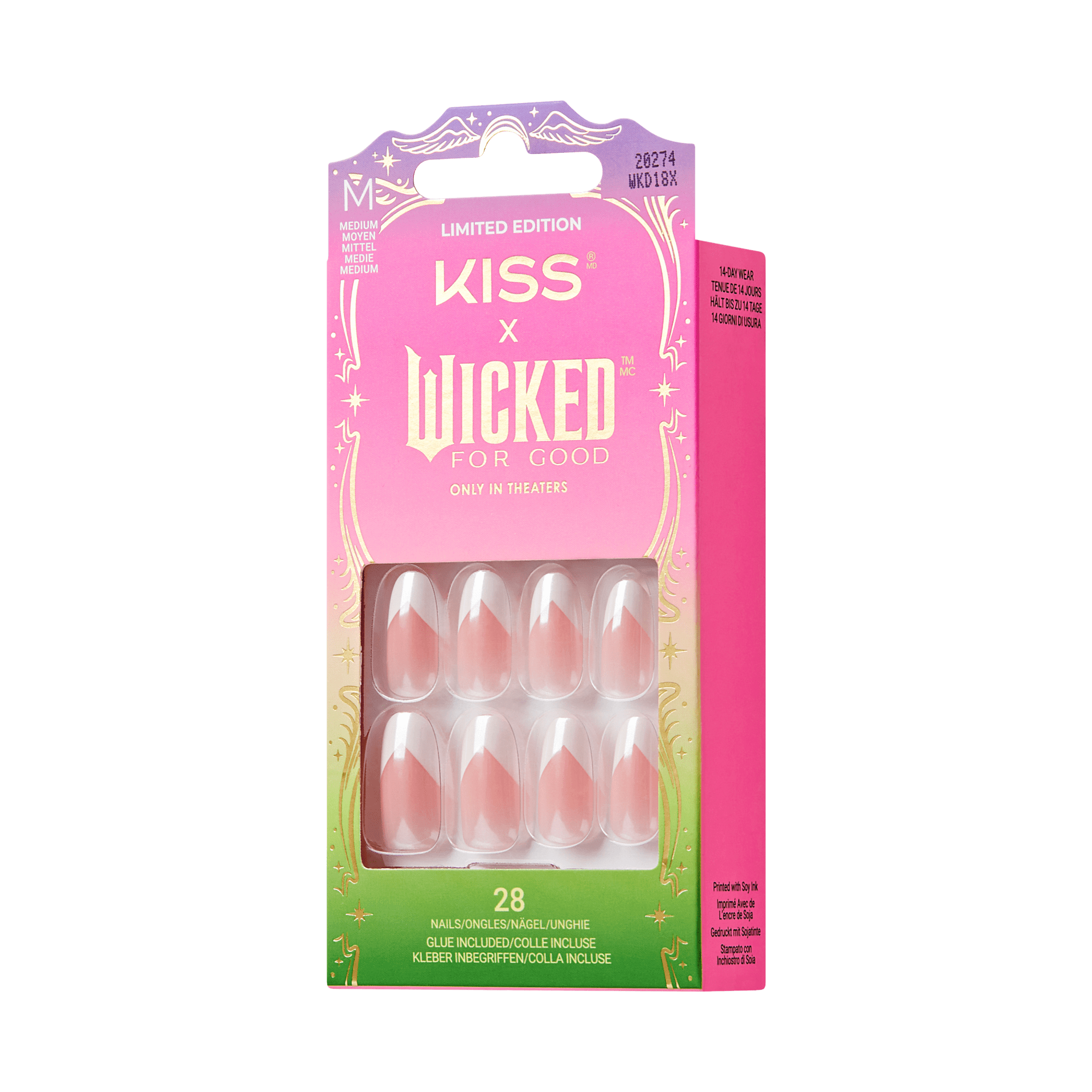 Kiss x Wicked for Good nail art packaging on a green background