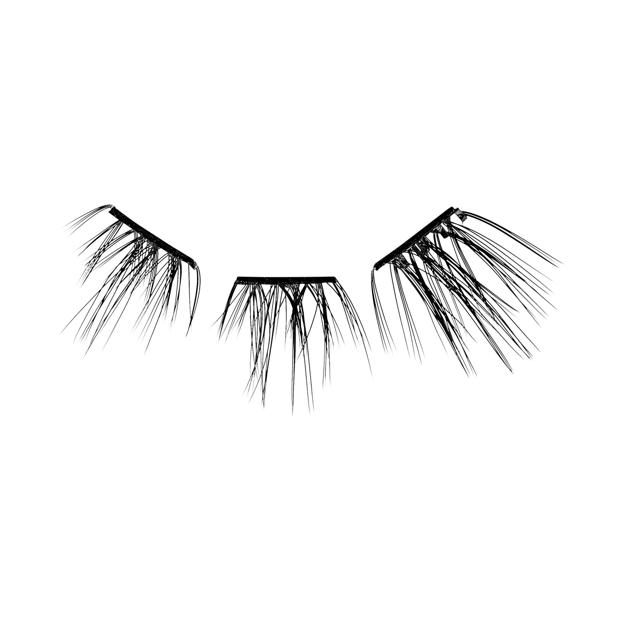 The image shows a set of false eyelashes. The eyelashes are divided into three separate segments, each with a black band at the base. The lashes are long, wispy, and have a natural, feathery appearance. The segments are arranged in a way that suggests they are designed to be applied to the outer corners of the eyes for added volume and length. The background of the image is plain white, highlighting the details of the eyelashes.