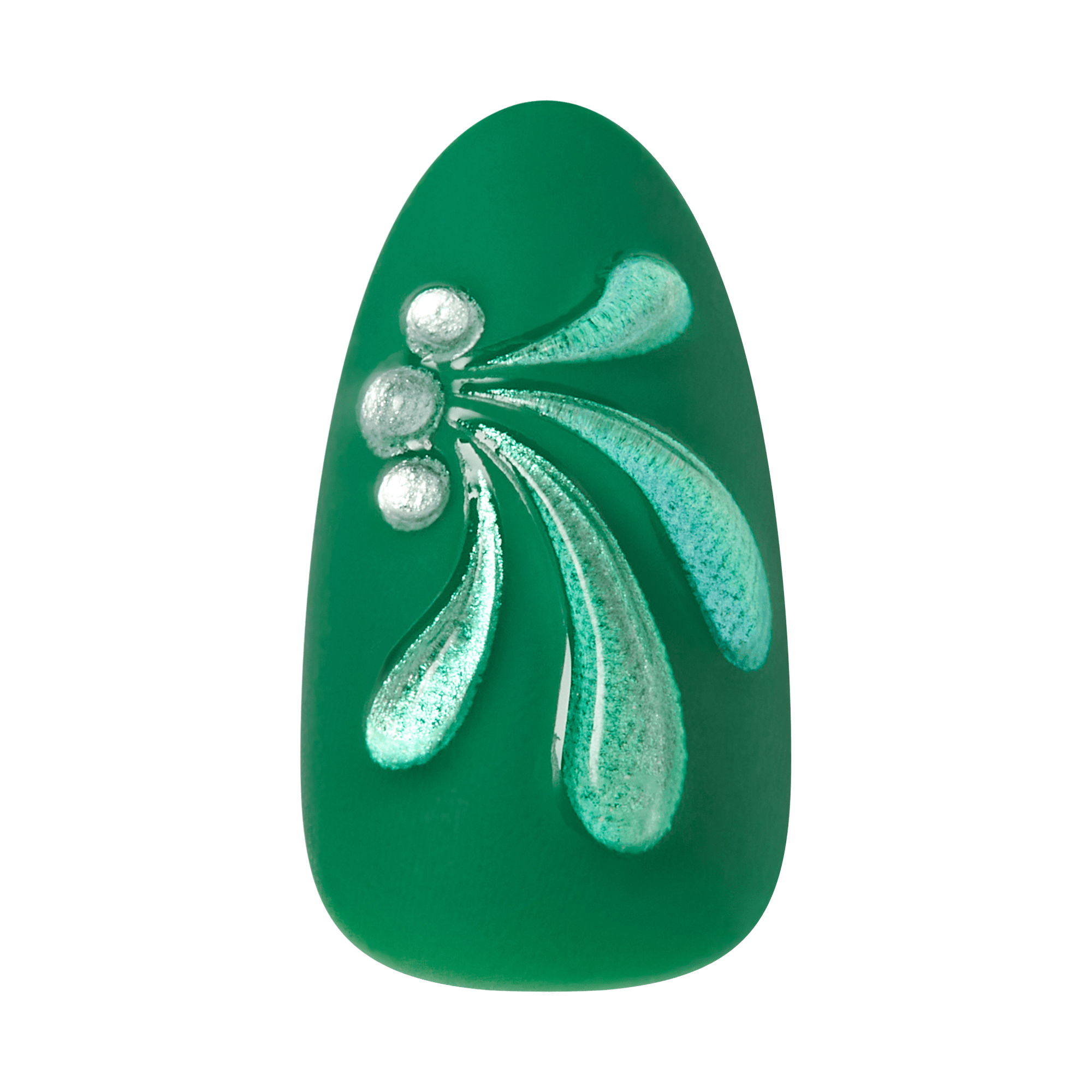 Decorative green stone with silver floral design on a transparent background