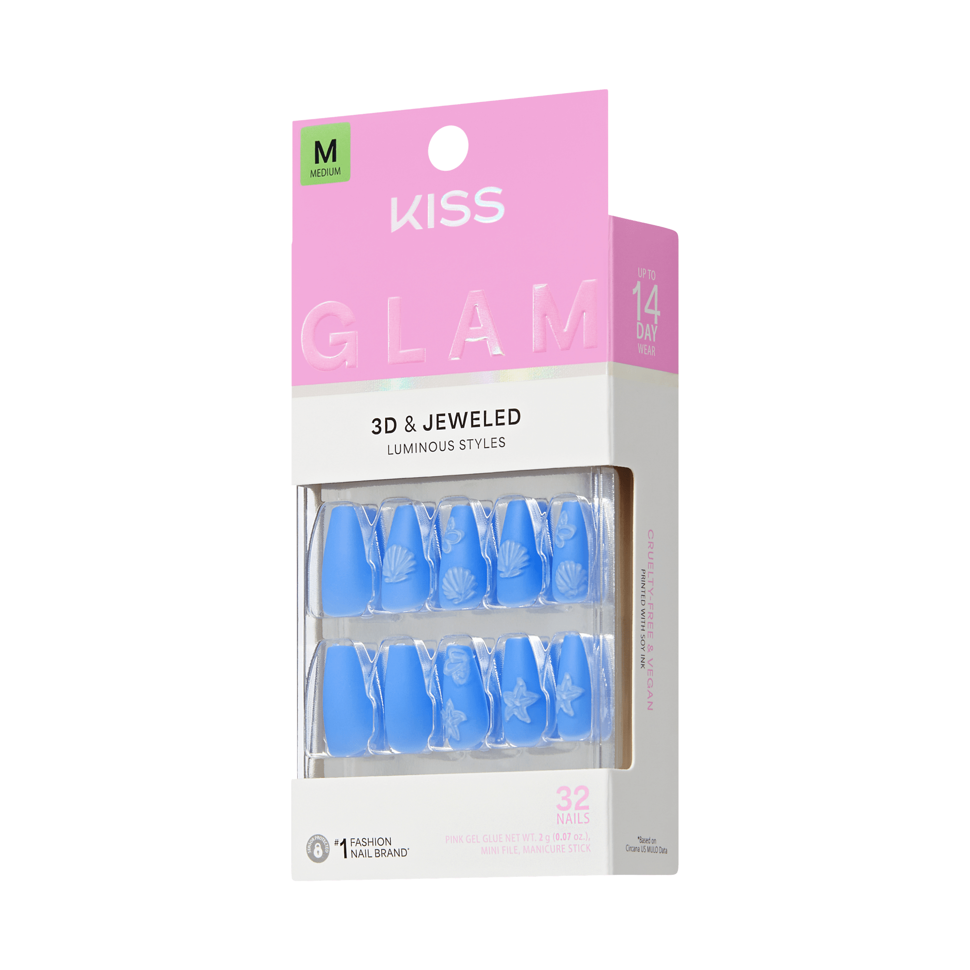 KISS Glam 3D & Jeweled Luminous Styles press-on nails packaging, Medium size, 32 nails, blue medium coffin nails with white shell and starfish embossed designs on transparent background