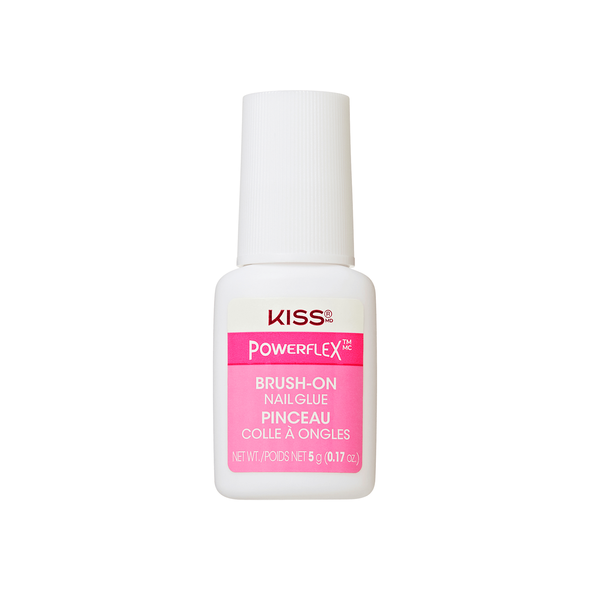 Small white plastic bottle of KISS PowerFlex brush-on nail glue with a white ribbed cap and a pink label showing product name and weight 5g (0.17 oz).