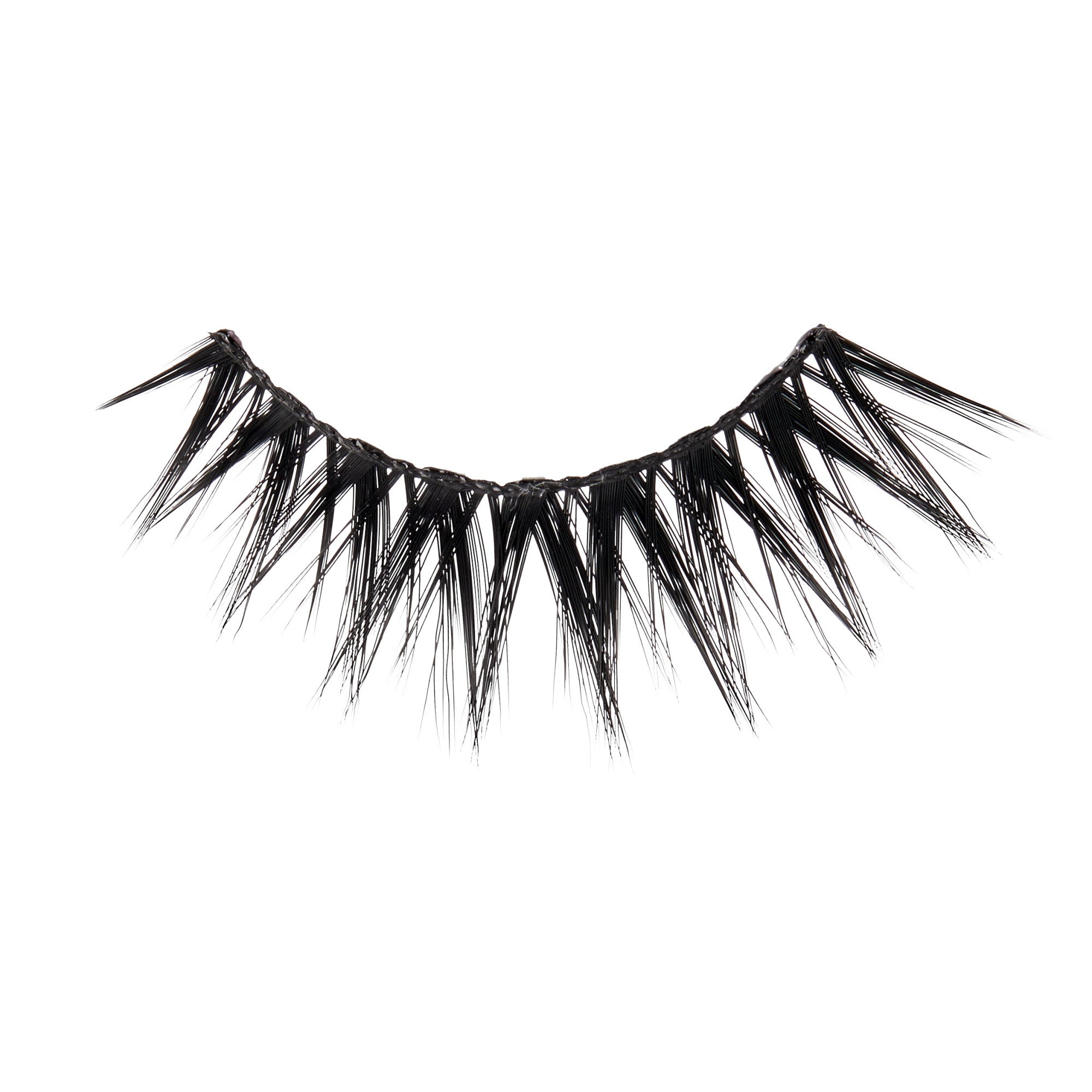 Pair of dramatic black false eyelashes with spiky, layered fibers on white background.