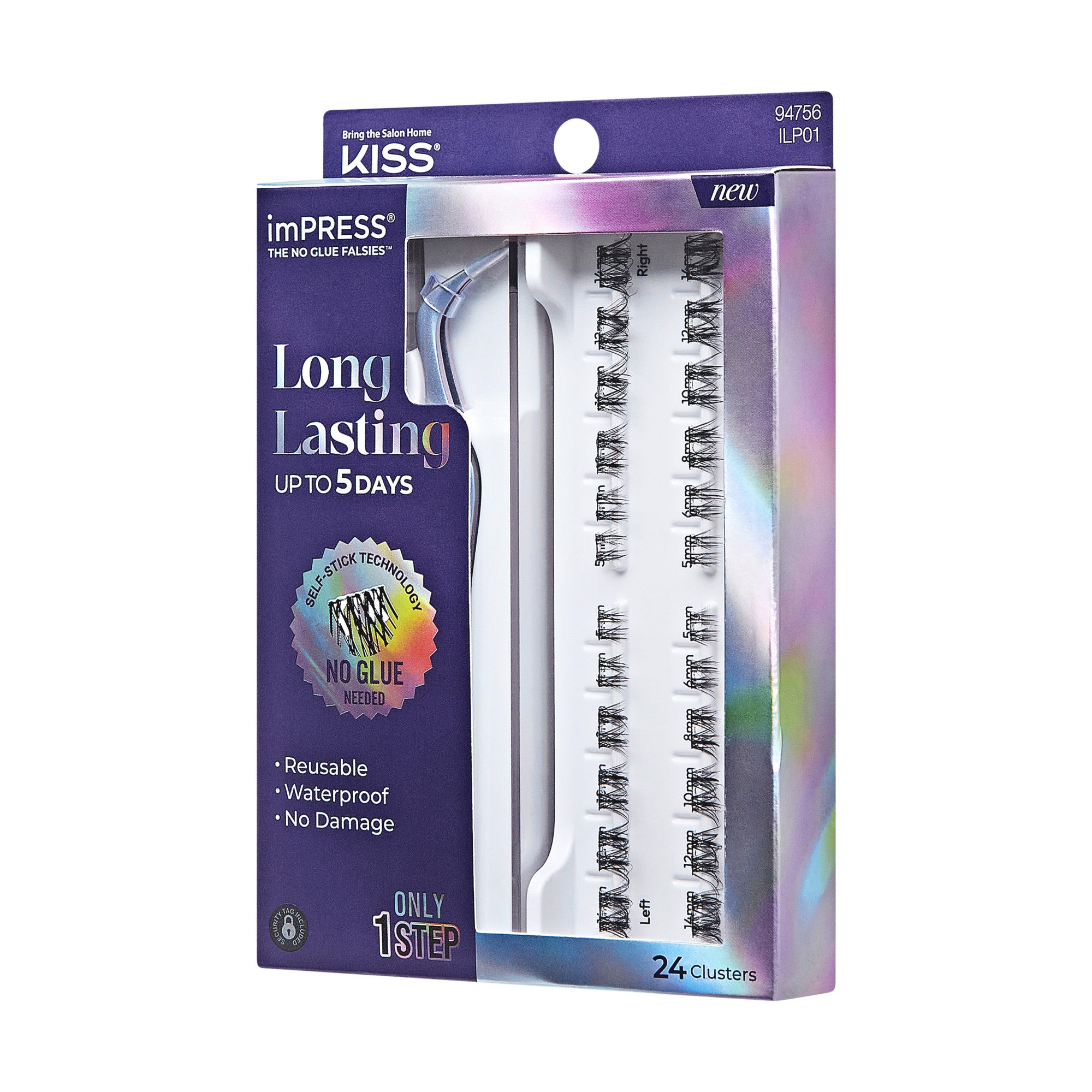 The image features a packaging for "imPRESS" lashes by KISS. The box is labeled "Long Lasting" and indicates that the lashes can last up to 5 days. It highlights that the product is reusable, waterproof, and causes no damage. The packaging showcases a clear view of the contents, which includes 24 lash clusters. The design is colorful and modern, emphasizing the ease of use with a "1 Only 1 Step" instruction.