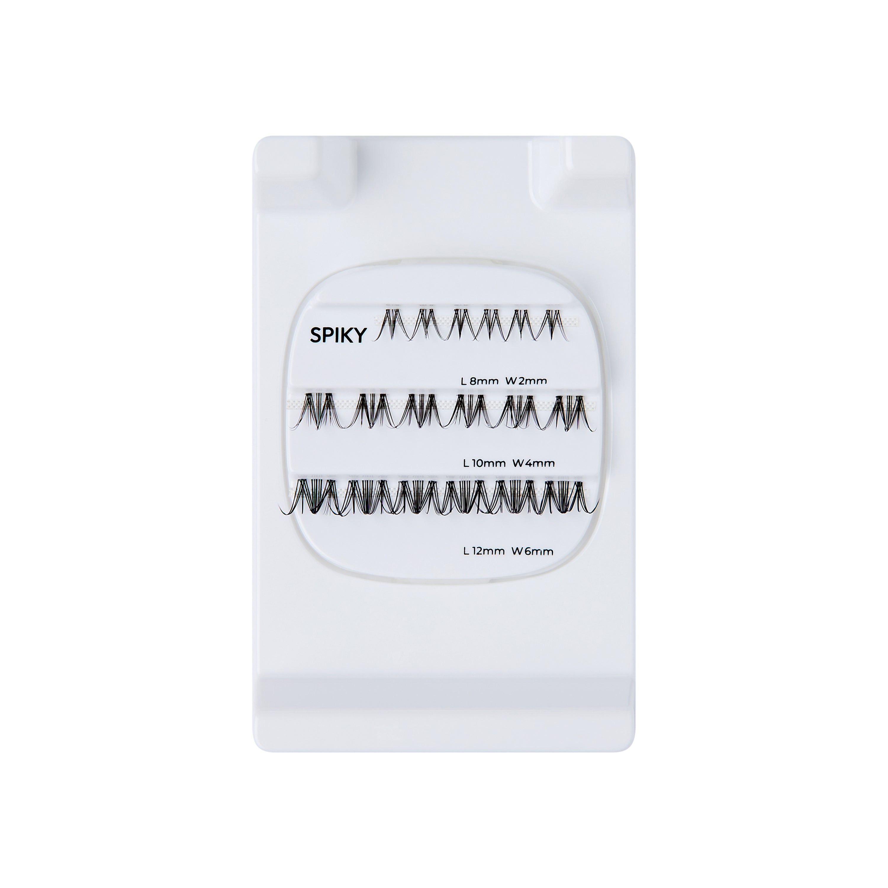 The image features a white lash extension tray labeled "SPIKY." The tray contains several rows of individual lash extensions in varying lengths and widths. The lengths are indicated as 8mm, 10mm, and 12mm, while the widths are 0.2mm and 0.4mm. The lashes have a spiky design, which is characterized by a jagged or uneven appearance, likely intended to create a dramatic and textured look when applied. The overall presentation is clean and organized, suitable for professional use in beauty applications.