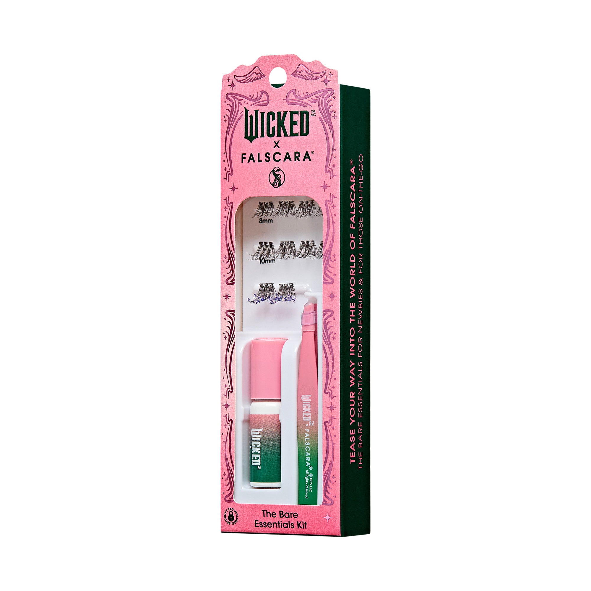 The image features a product packaging for the "Wicked x Falscara The Bare Essentials Kit." The packaging is predominantly pink with decorative elements, showcasing a sleek design. Inside the kit, there are false eyelashes, a bonding applicator, and a remover. The branding is prominent, with the names "Wicked" and "Falscara" clearly displayed. The overall aesthetic is modern and appealing, aimed at beauty enthusiasts looking for eyelash enhancement solutions.