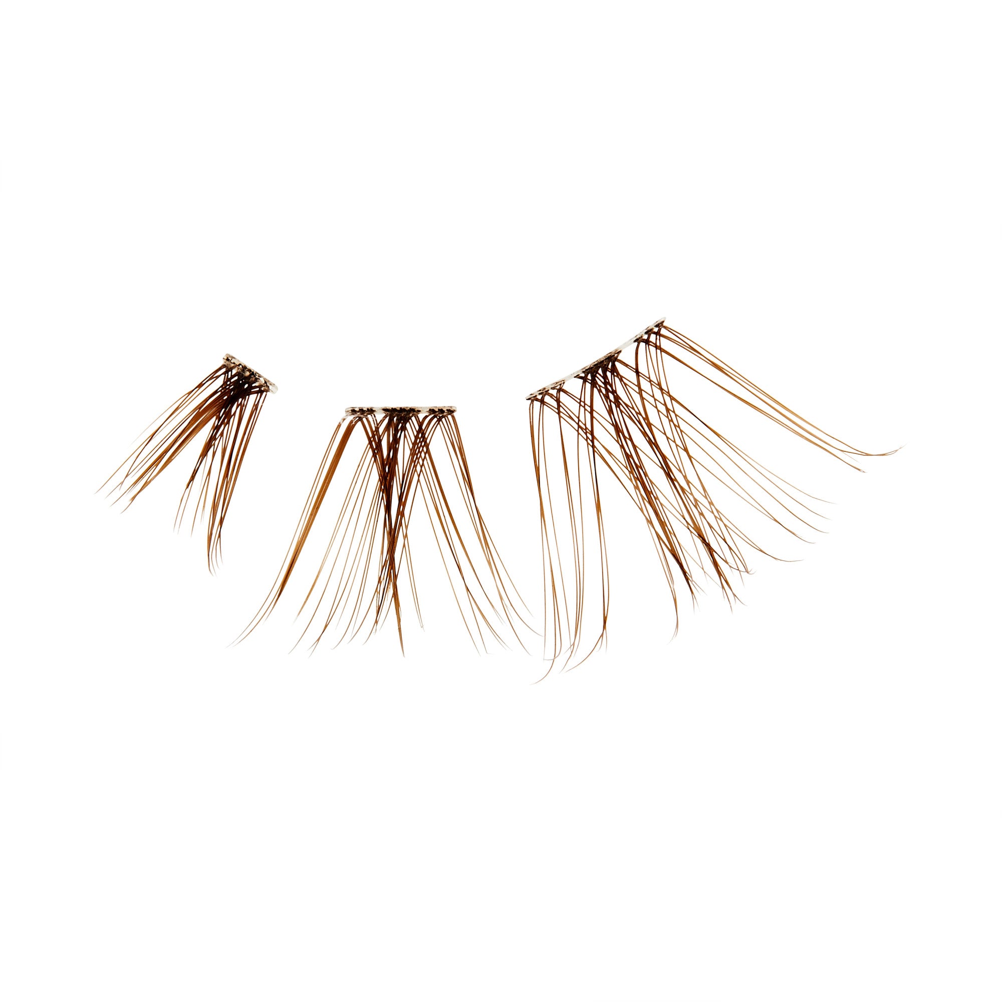 The image features three clusters of hair strands, each varying in size and shape. The strands are a light brown color and are arranged in a way that suggests they are meant to resemble eyelashes or hair extensions. The background is plain white, emphasizing the delicate and fine nature of the hair strands.