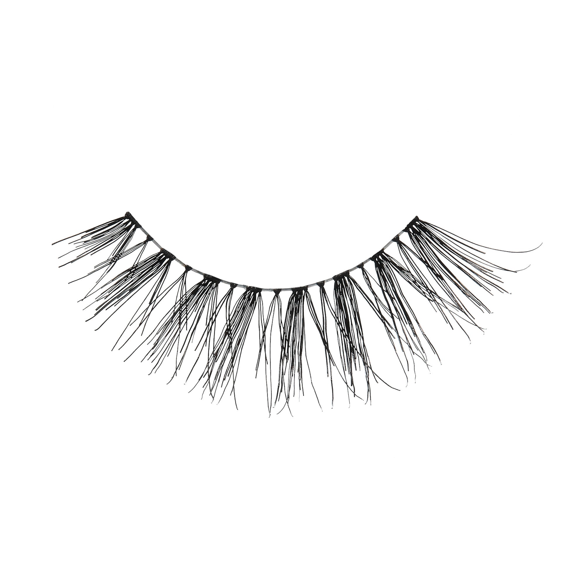 Pair of black false eyelashes with dense, layered fibers on white background.