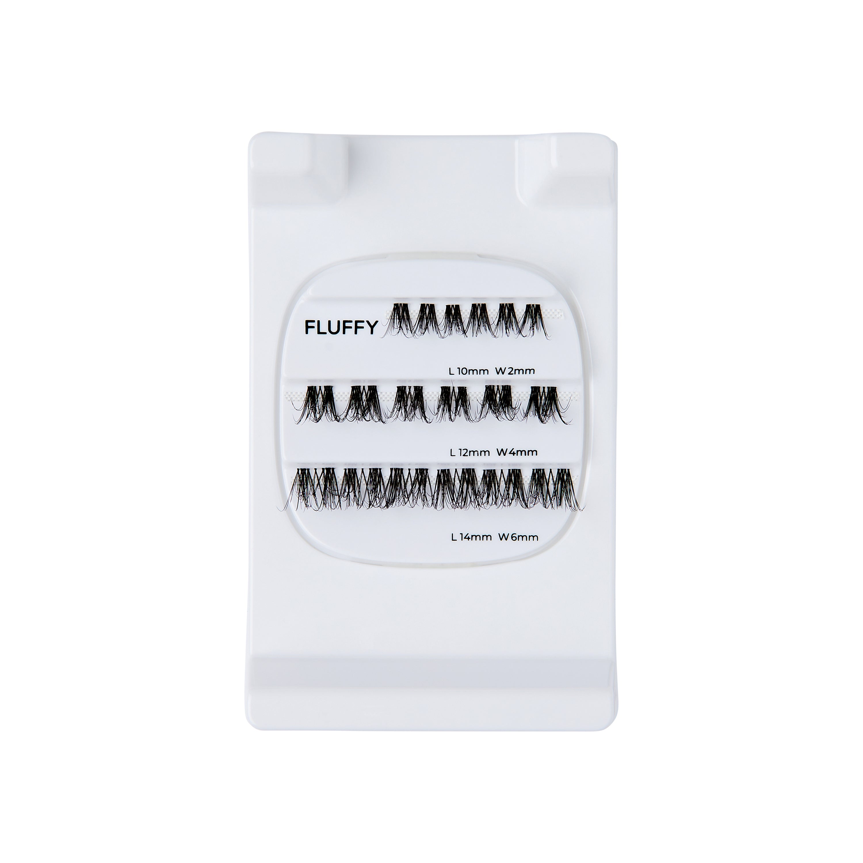 The image features a white lash tray displaying a variety of false eyelashes. The tray is labeled "FLUFFY" and contains multiple rows of lashes in different lengths: 10mm, 12mm, 14mm, and 16mm. Each row showcases a set of fluffy, black lashes, designed to enhance volume and length for a dramatic eye look. The overall presentation is clean and organized, making it easy to see the different options available.
