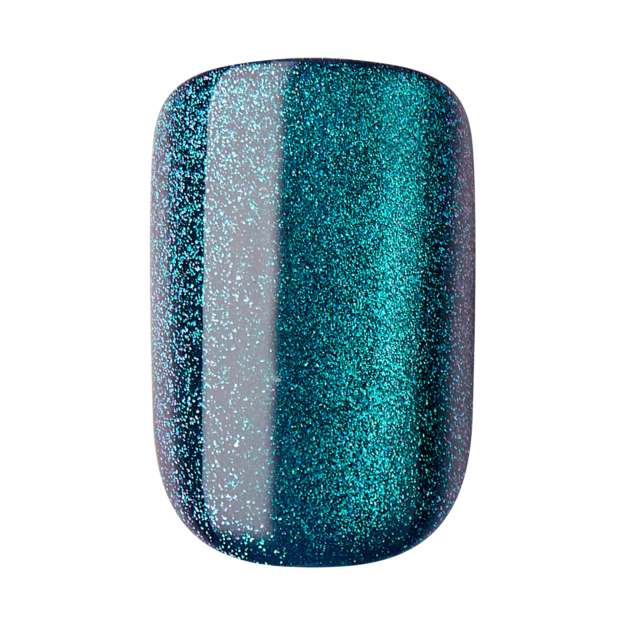 The image shows a close-up of a single artificial nail. The nail is painted with a glossy, glittery polish that has a gradient effect. The color transitions from a deep teal at the base to a lighter, more vibrant teal towards the tip. The glitter within the polish reflects light, giving the nail a sparkling, shimmering appearance. The surface of the nail is smooth and shiny, indicating a high-quality finish.