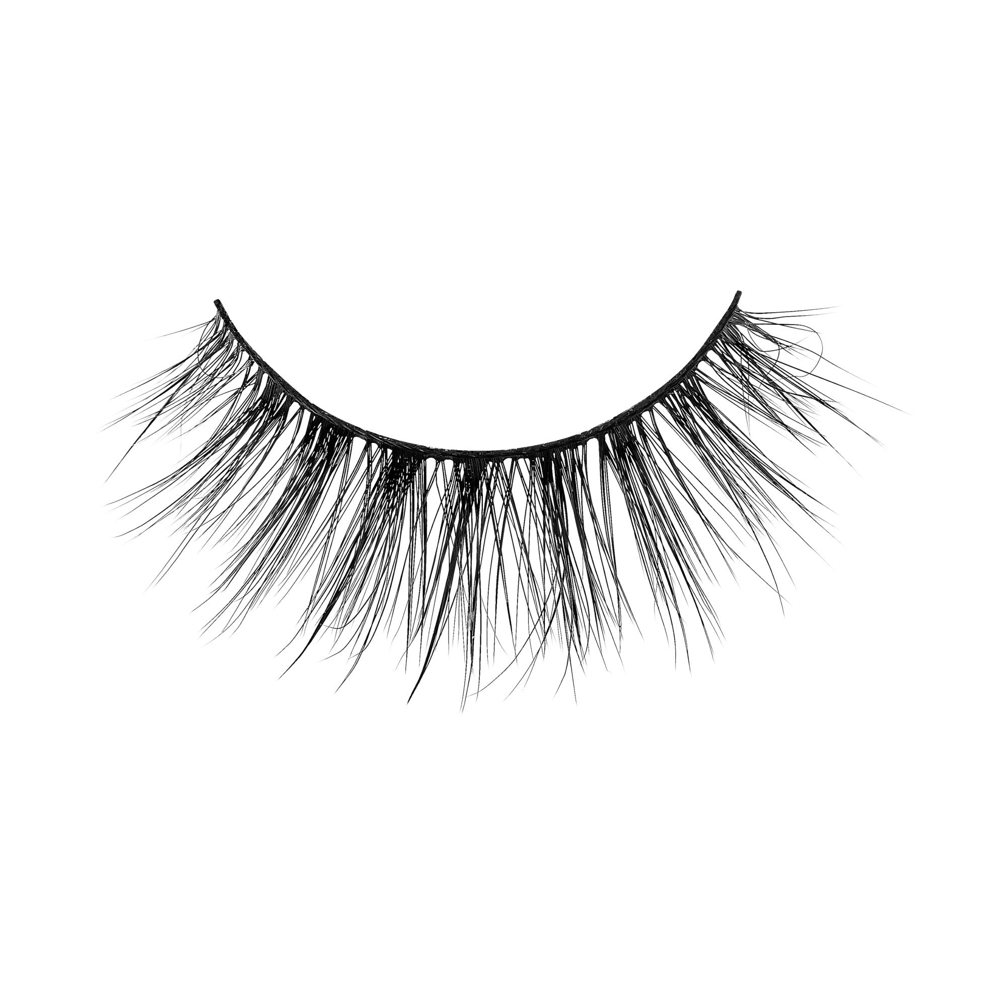 Pair of black false eyelashes with full, dramatic lashes on white background