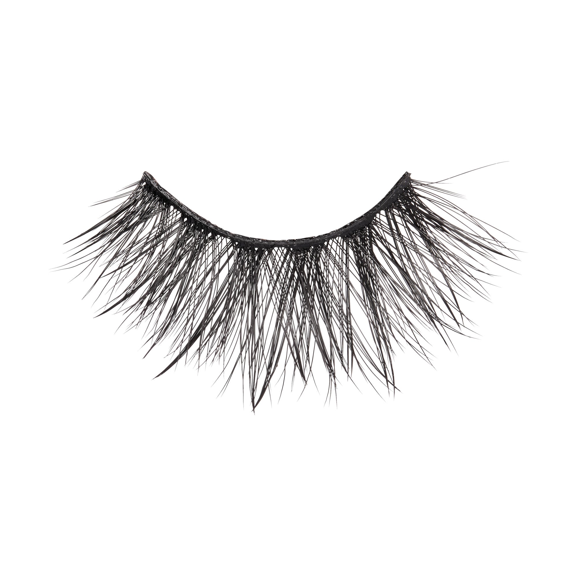 Single black false eyelash with varying lengths in a wispy, spiky style, displayed against a white background.