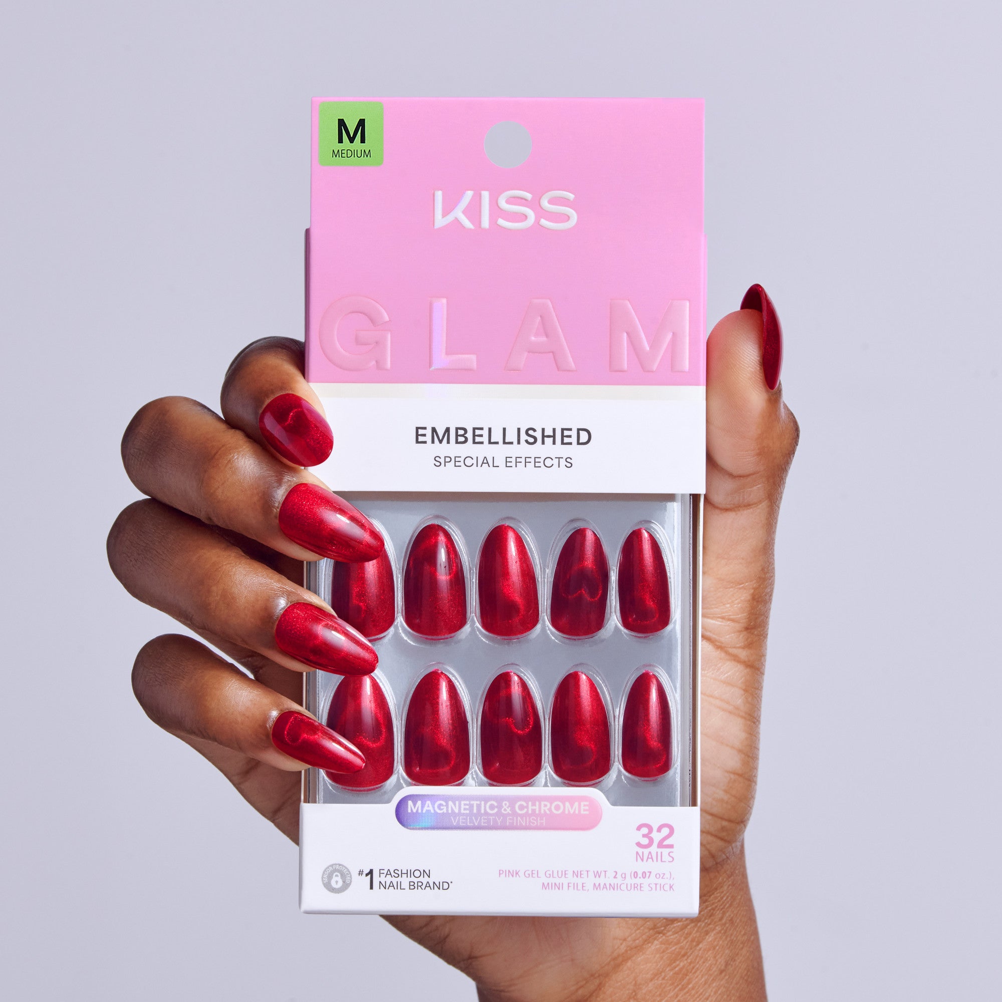 Kiss Glam Embellished Press On Fake Glue Nails - Famous | 3D & Jewel Design, Red, Medium, Almond