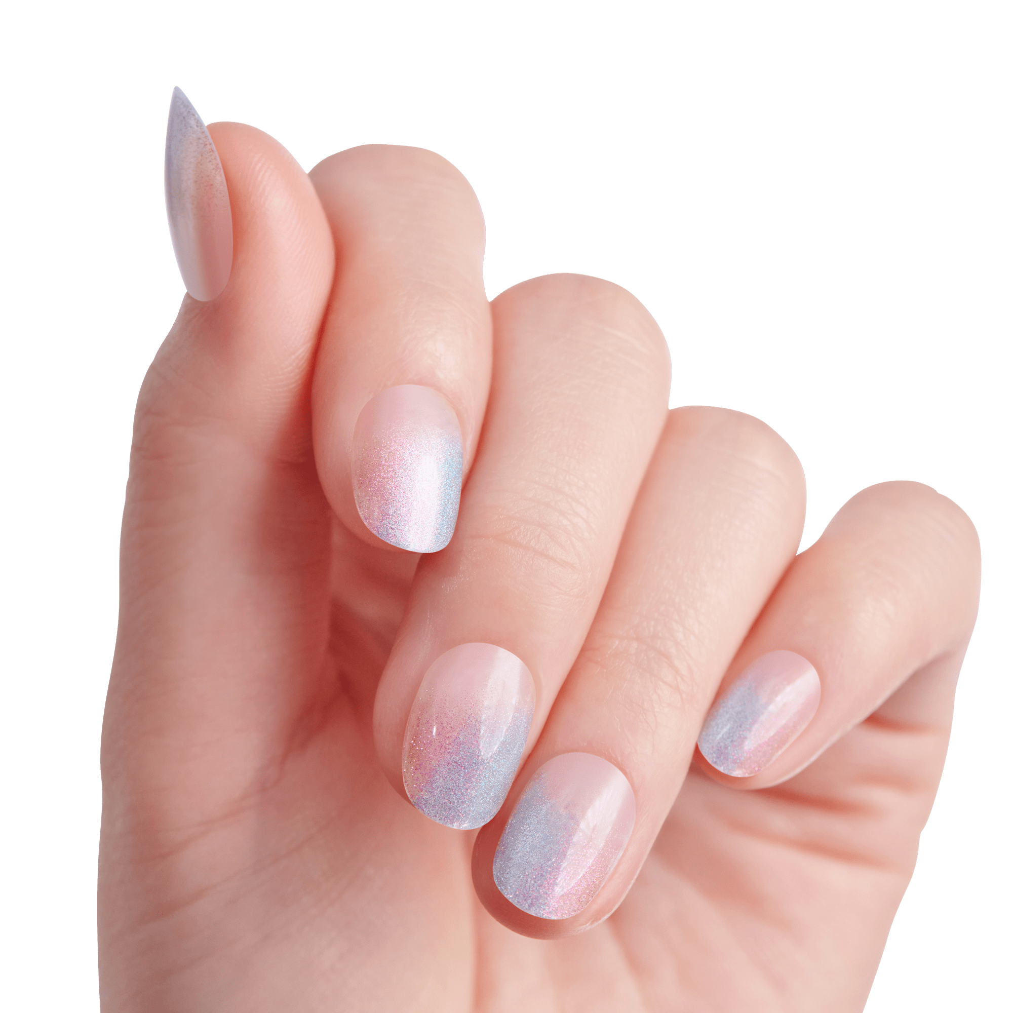 The image features a hand displaying a manicure with a gradient effect on the nails. The nails are shaped in a stylish manner, showcasing a blend of soft pastel colors, primarily pink and blue, with a shimmering finish. The overall look is elegant and modern, highlighting the delicate and well-groomed appearance of the hand. The background is plain and light, emphasizing the beauty of the nails.