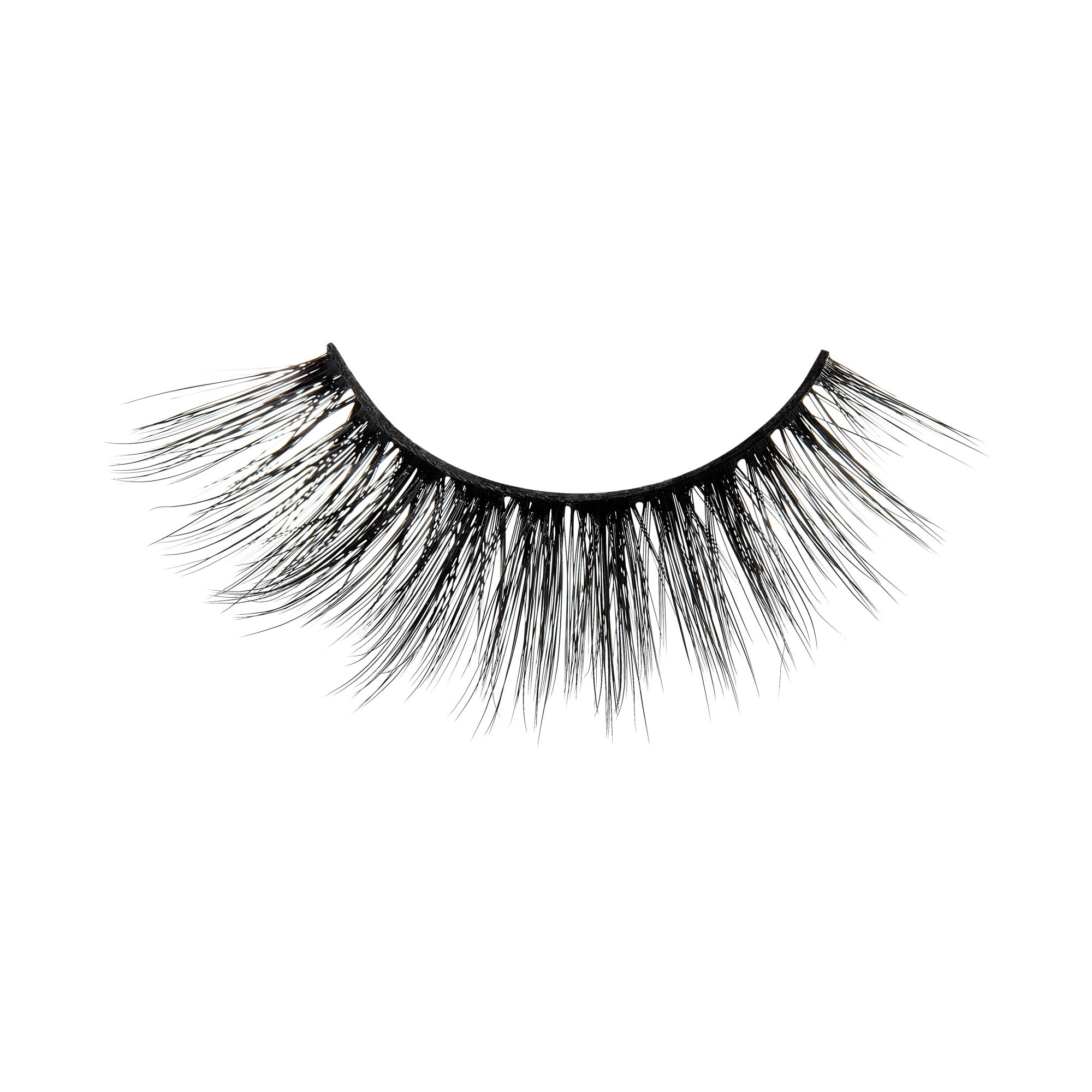 Black false eyelashes with dramatic, voluminous strands on white background.