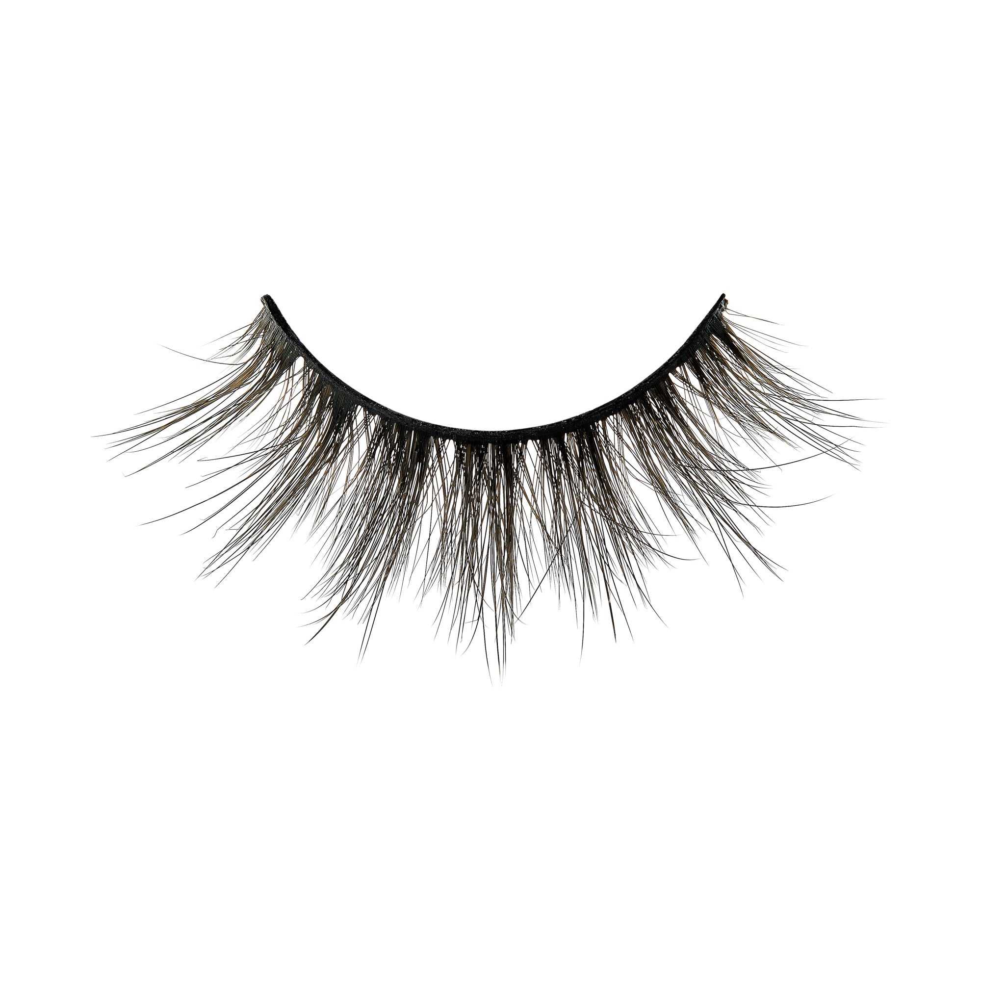 Voluminous black false eyelashes with layered synthetic fibers on white background.
