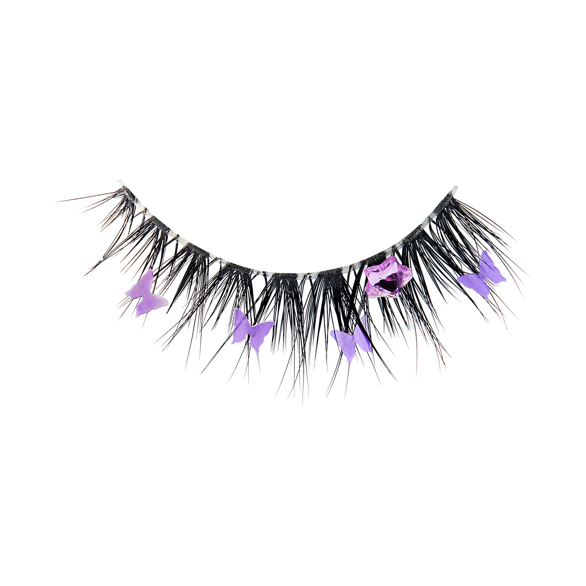 Black false eyelash strip with attached small purple butterfly-shaped decorations and a single large purple gem near the center, shown on a white background.