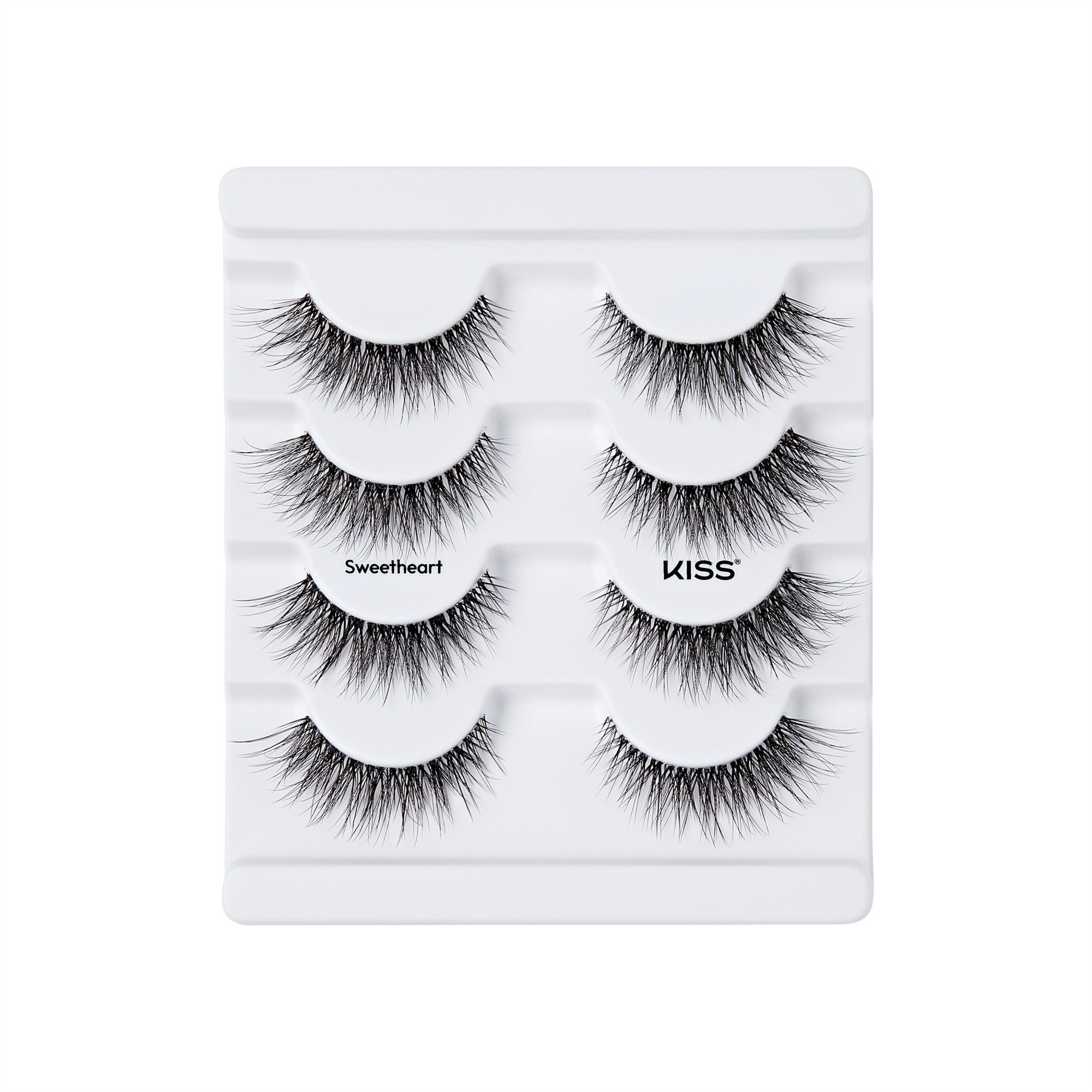 The image shows a white plastic tray containing three pairs of false eyelashes. The eyelashes are arranged in a vertical column, with each pair positioned horizontally. The top and bottom pairs are labeled "Sweetheart," while the middle pair is labeled "KISS." The eyelashes are thick, voluminous, and have a natural, wispy appearance. The tray is designed to hold the eyelashes securely in place.