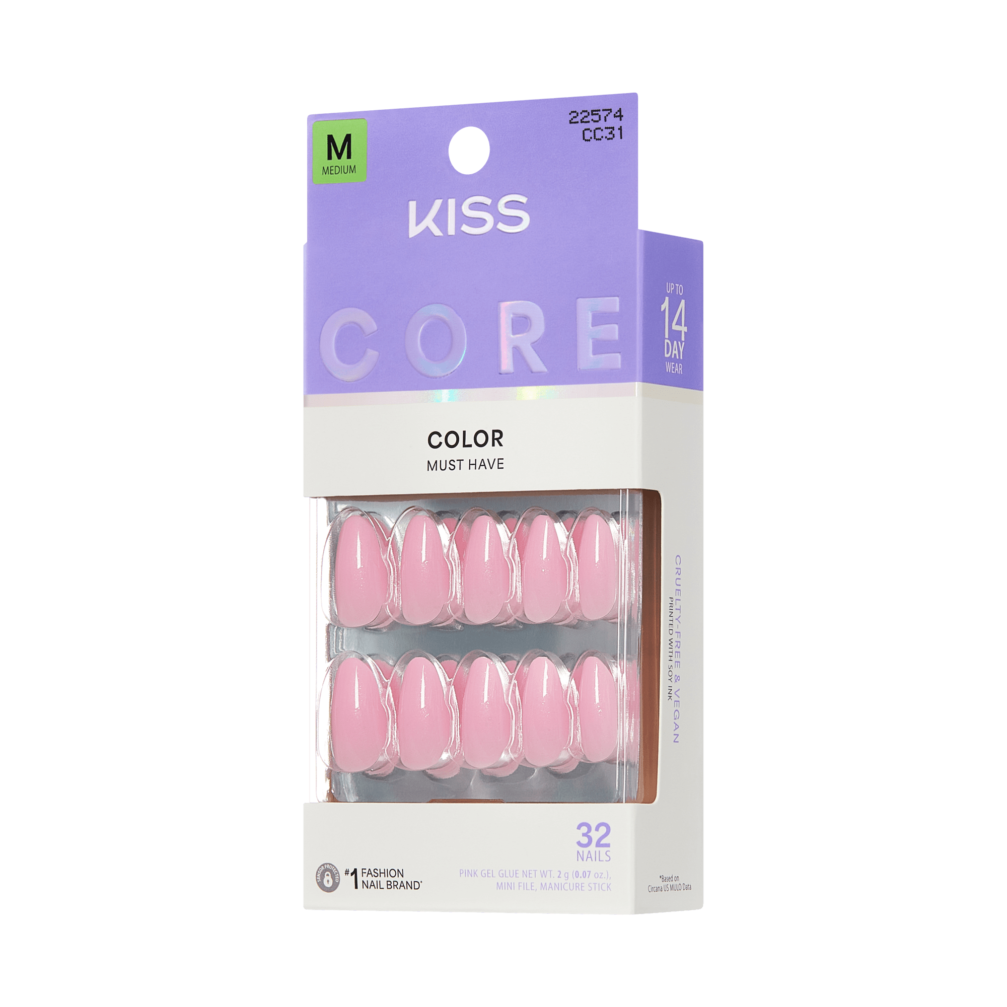 KISS Core Color Must Have pink gel press-on nails, 32 nails, medium size