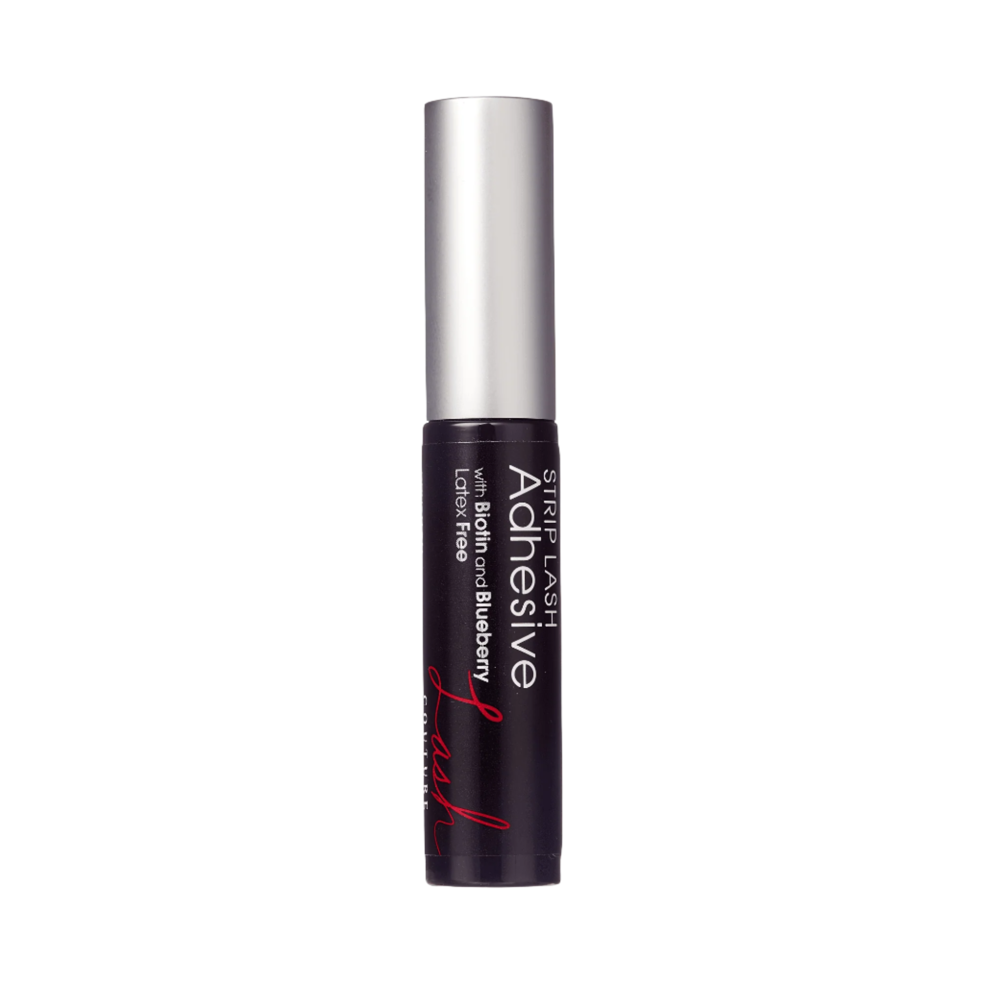 Black tube of KISS Lash Couture Strip Lash Adhesive with silver cap, labeled latex free and containing biotin and blueberry.