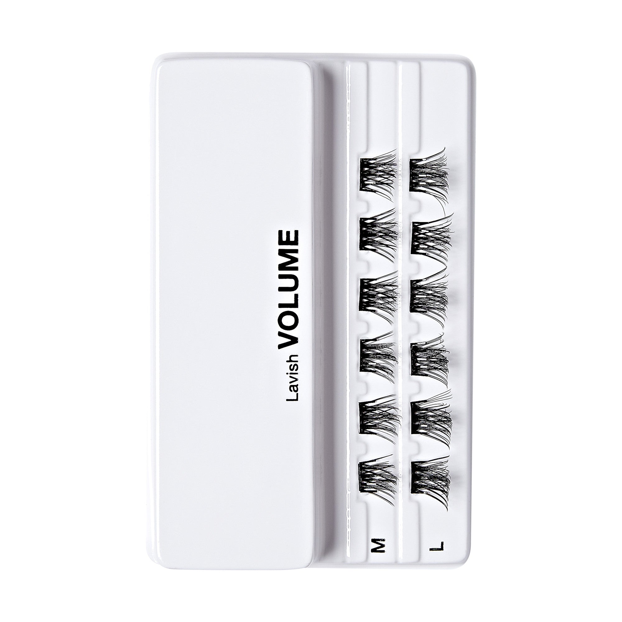 The image shows a white plastic case containing false eyelashes. The case is labeled "Lavish VOLUME" on the left side. Inside the case, there are three rows of false eyelashes, each row labeled with a different size: "S" for small, "M" for medium, and "L" for large. The eyelashes are neatly arranged in their respective compartments.