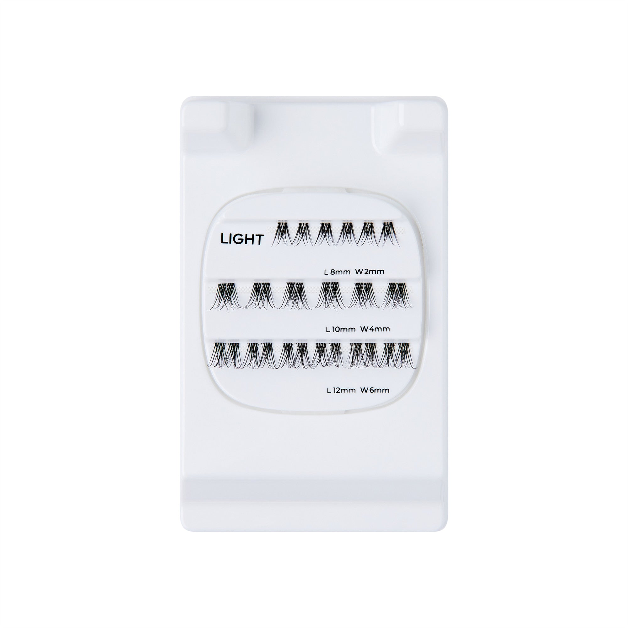 The image features a white lash tray containing individual false eyelashes. The tray is organized into three rows, each labeled with different lengths and widths. The lengths are 8mm, 10mm, and a third length that appears to be 12mm, while the widths are indicated as 0.10mm and 0.12mm. The lashes are arranged neatly, showcasing a variety of styles suitable for enhancing the appearance of natural lashes. The overall presentation is clean and professional, typical of beauty supply products.