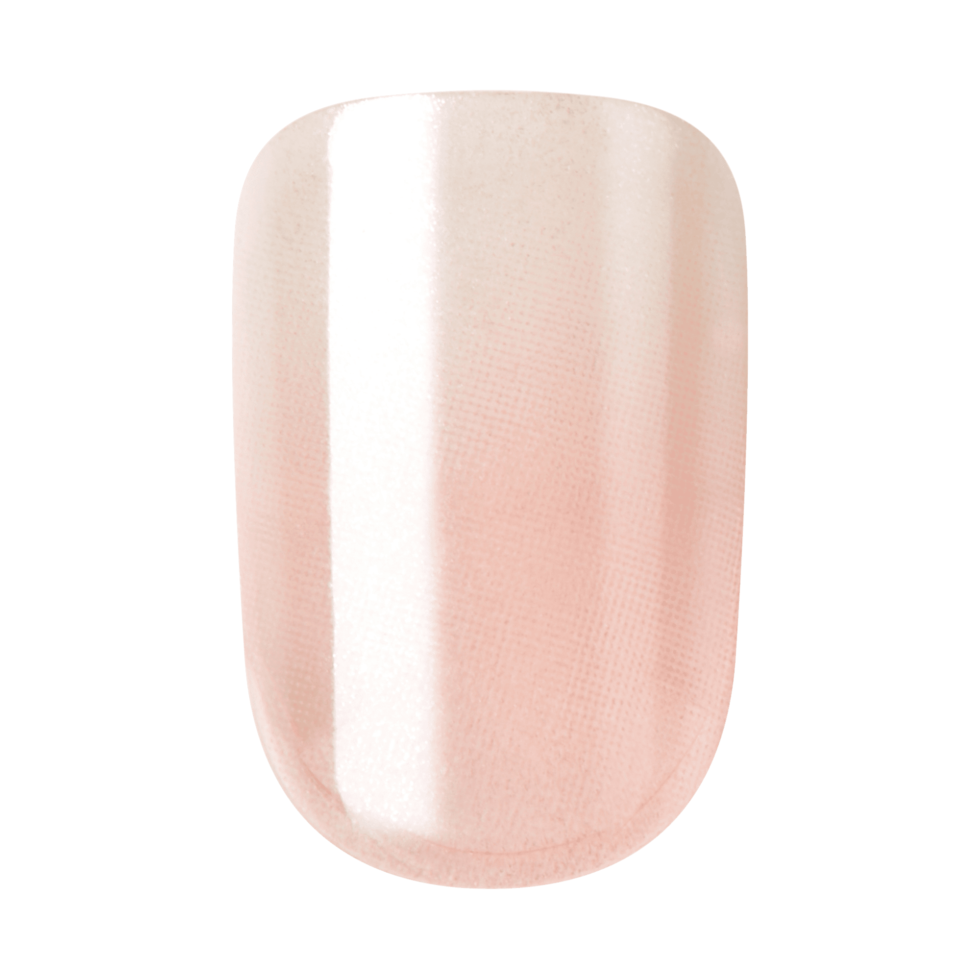 The image shows a single artificial nail tip. The nail tip has a smooth, glossy finish with a gradient color that transitions from a light, pearly white at the top to a soft, pale pink at the bottom. The surface appears shiny and reflective, indicating a polished and well-manicured look. The shape of the nail tip is slightly curved with a rounded edge.