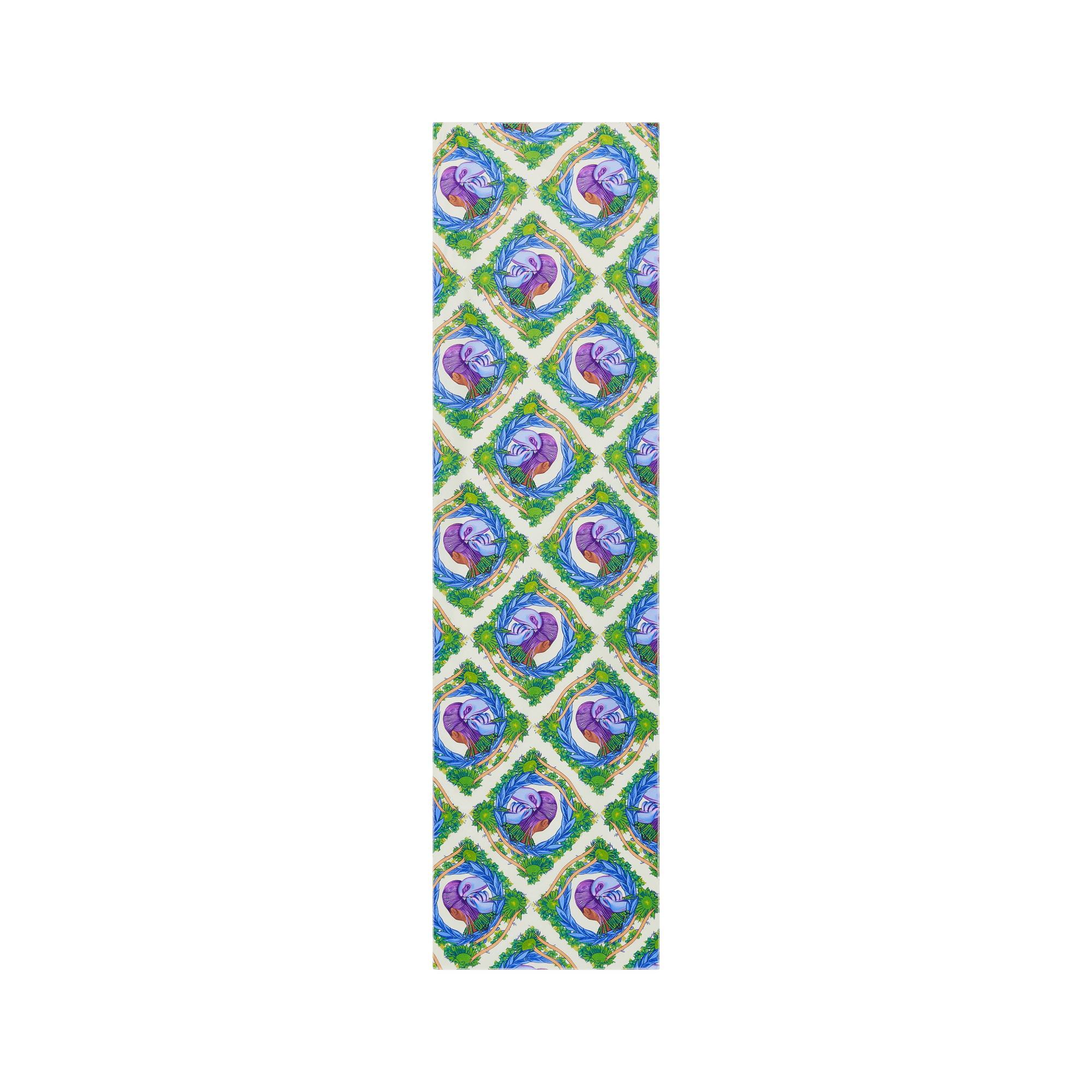 Satin wrap scarf with a repeating pattern featuring a stylized purple hand holding a red bird, framed by green leaves and blue laurels on a white background.