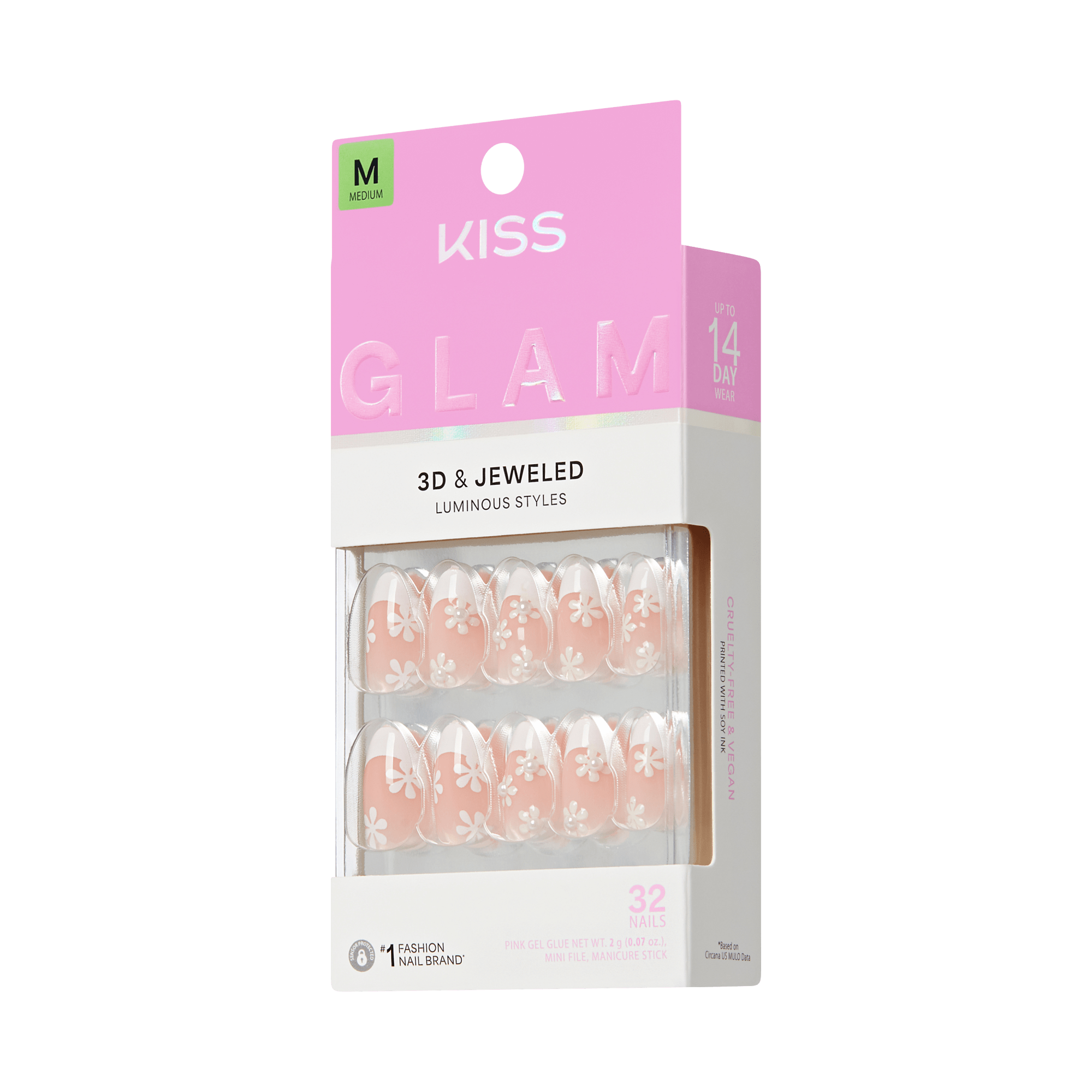 Kiss Glam Jeweled Press On Fake Glue Nails - Crystal Bloom | 3D & Jeweled French Design, White, Medium, Almond