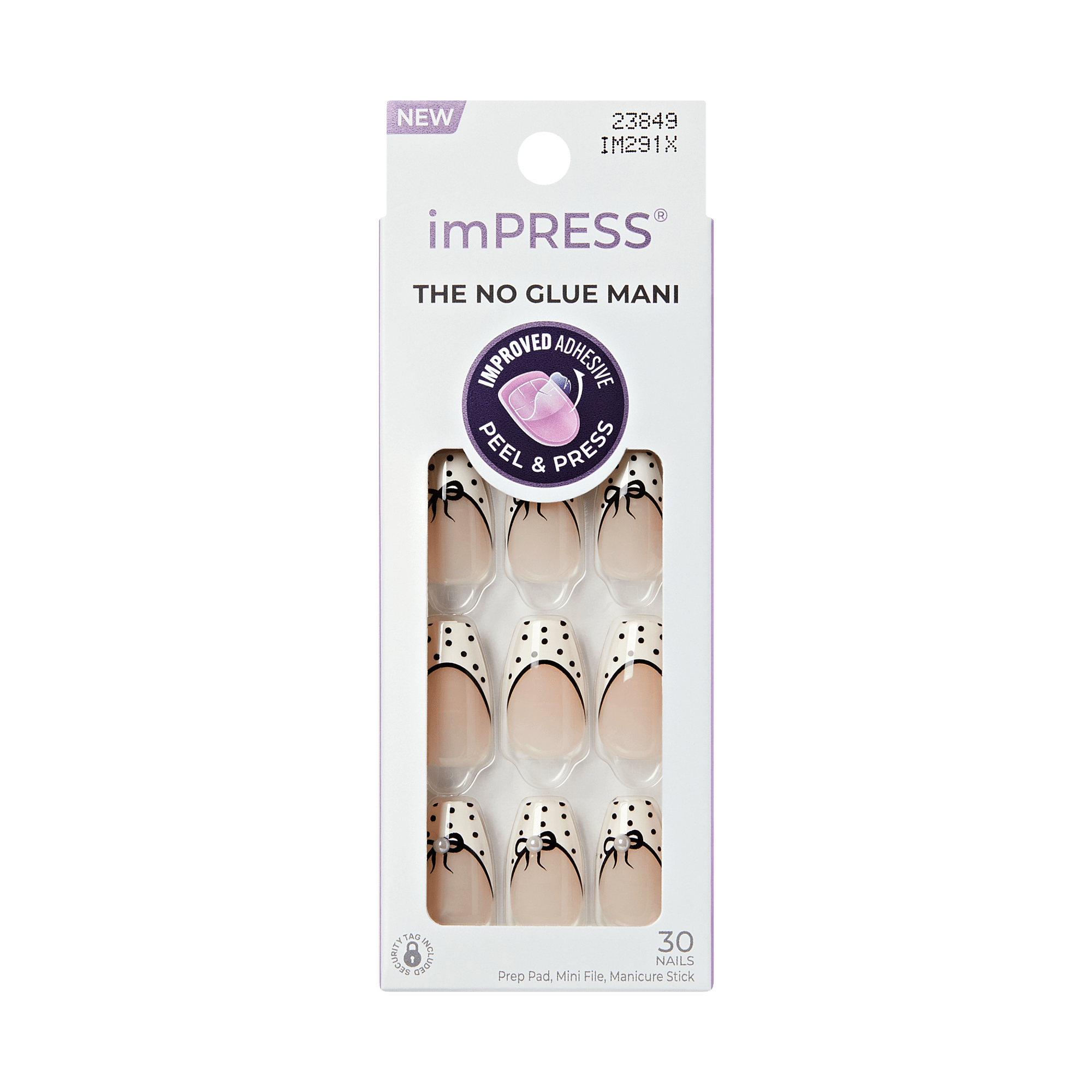 Impress Design No Glue Fake Press On Nails - Leafy | French Design, Black & White, Medium, Coffin, Manicure