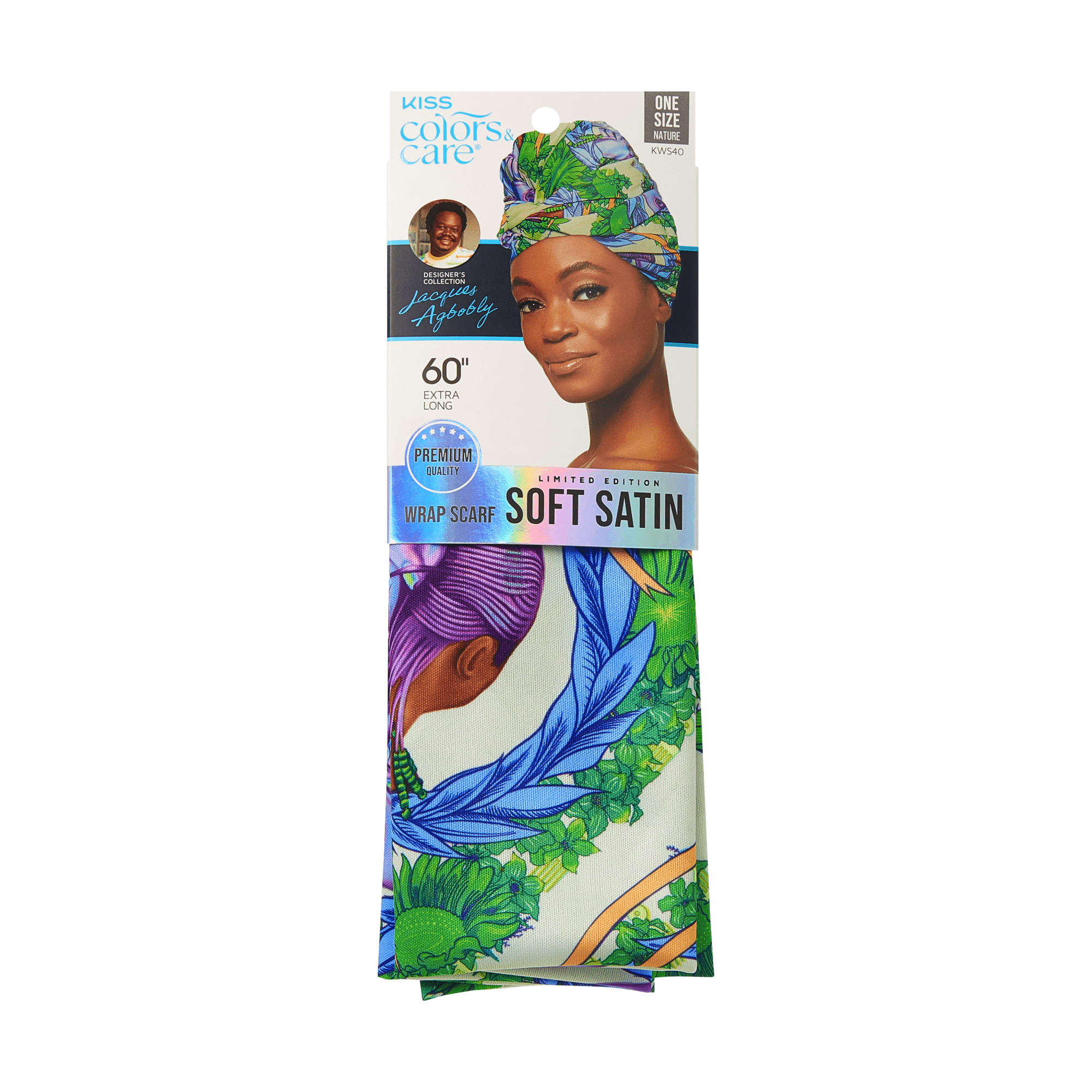 KISS Colors & Care Limited Edition BIFC satin wrap scarf in vibrant green, blue, and purple nature print, packaged with designer Jacques Agbobly’s photo.