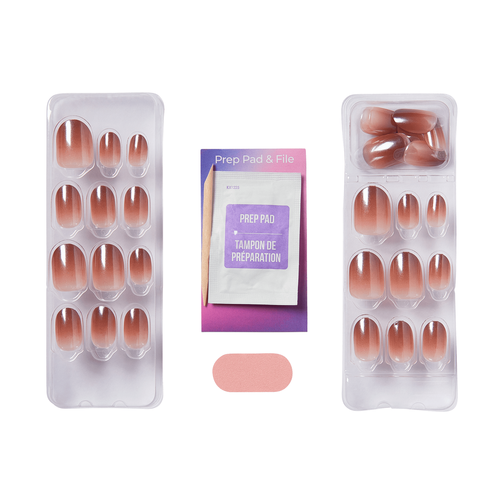 The image features a nail care kit. It includes a set of artificial nails arranged in two clear plastic trays, showcasing various sizes and a gradient color from light to dark. In the center, there is a prep pad and a nail file, both packaged neatly. The prep pad is designed for preparing the natural nails before application, and the file is used for shaping. The overall presentation is clean and organized, highlighting the tools for achieving a polished manicure.